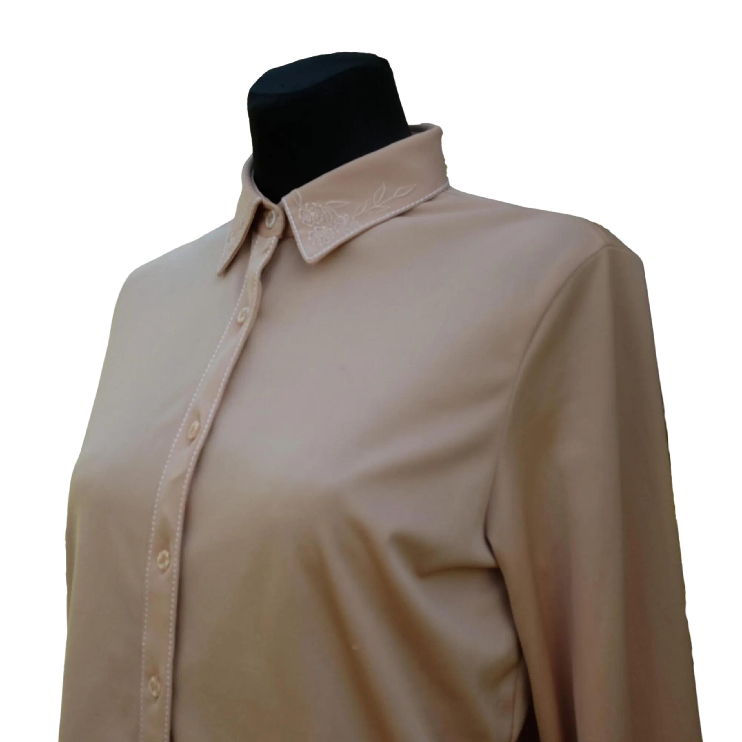Vintage Long Sleeve Simple Cream Shirt with Elegant Floral Collared Neck Embordered Detail - Image 3
