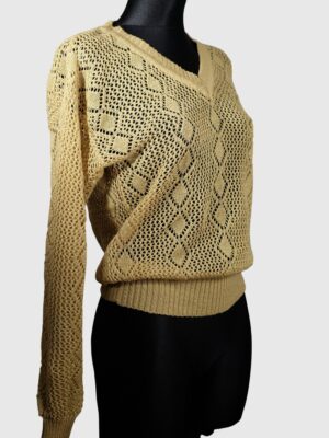 Vintage Gold Diamond Design V-Neck Crochet Sweater
