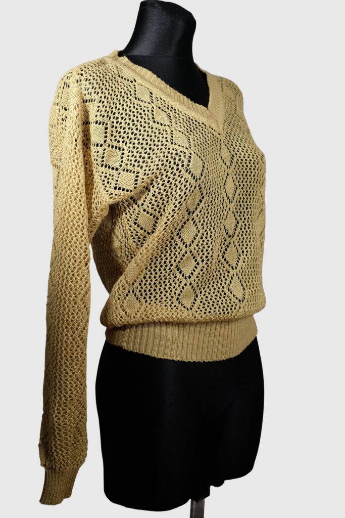 Vintage Gold Diamond Design V-Neck Crochet Sweater