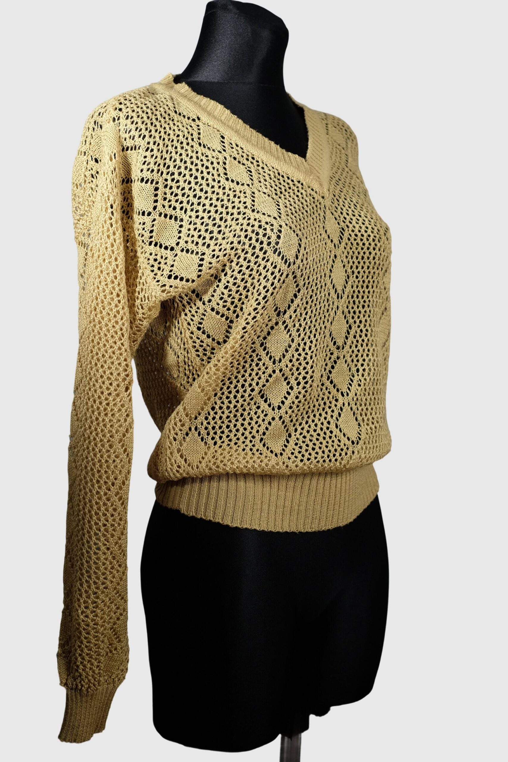 Vintage Gold Diamond Design V-Neck Crochet Sweater