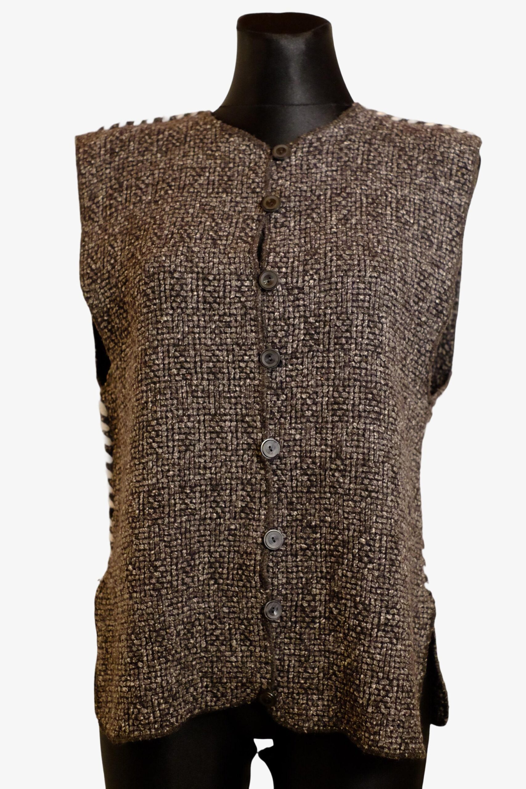 Vintage Brown Textured Button White Seam Crochet Vest