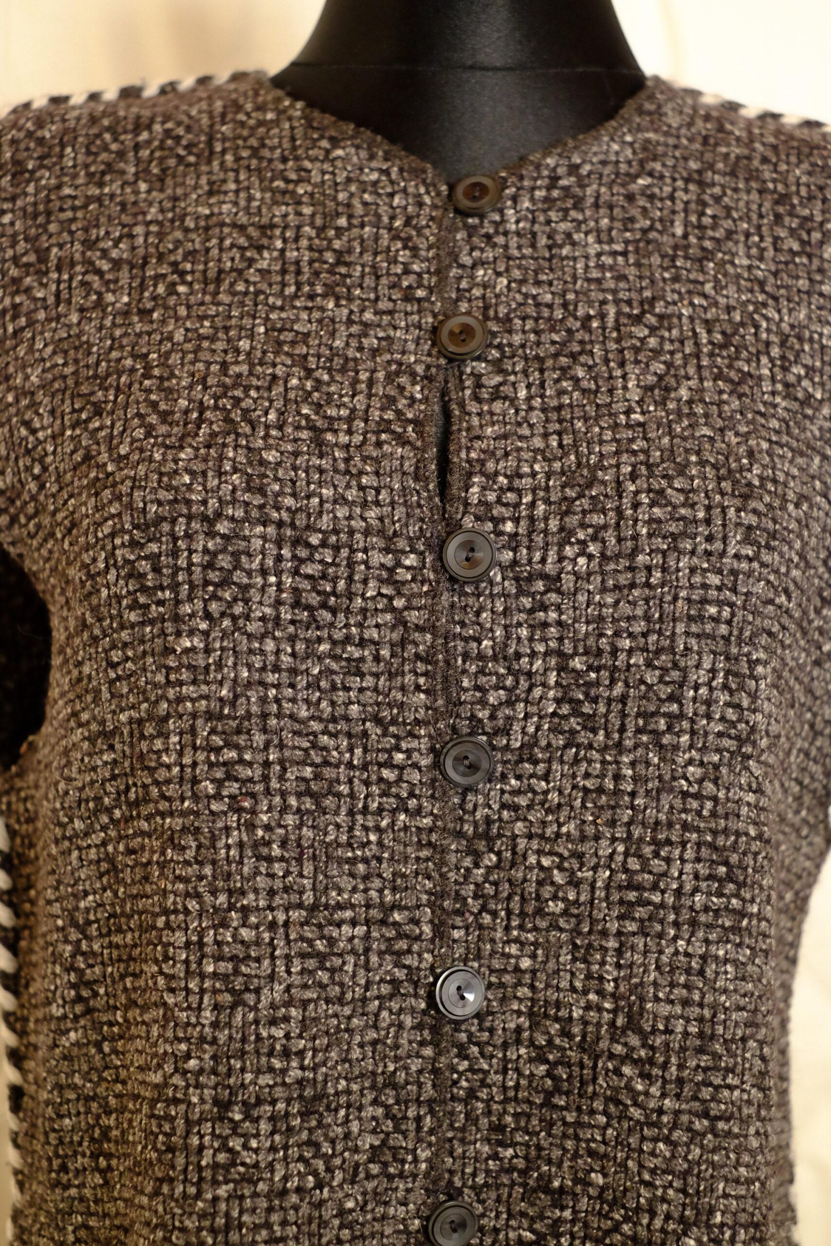 Vintage Brown Textured Button White Seam Crochet Vest - Image 4