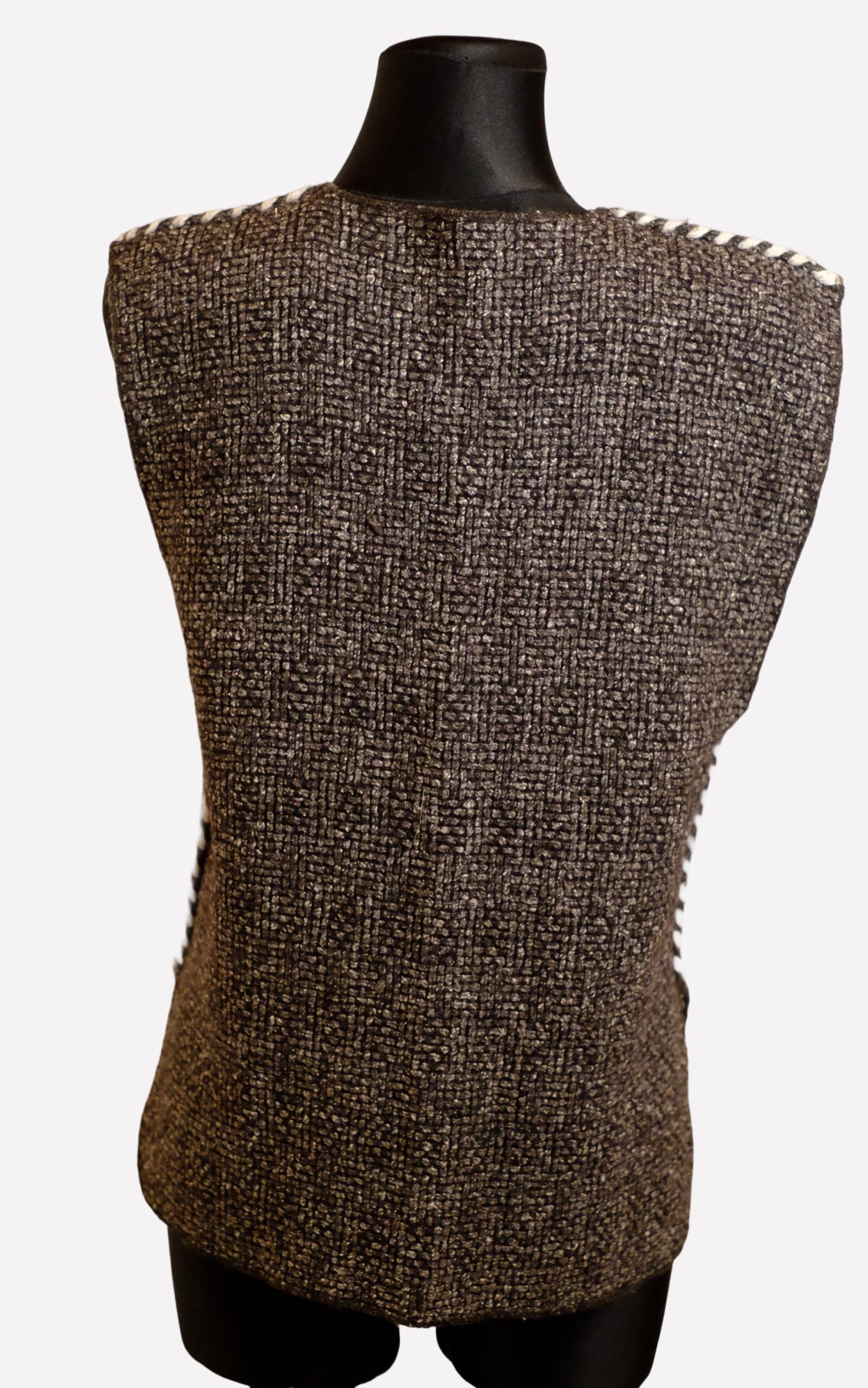 Vintage Brown Textured Button White Seam Crochet Vest - Image 6