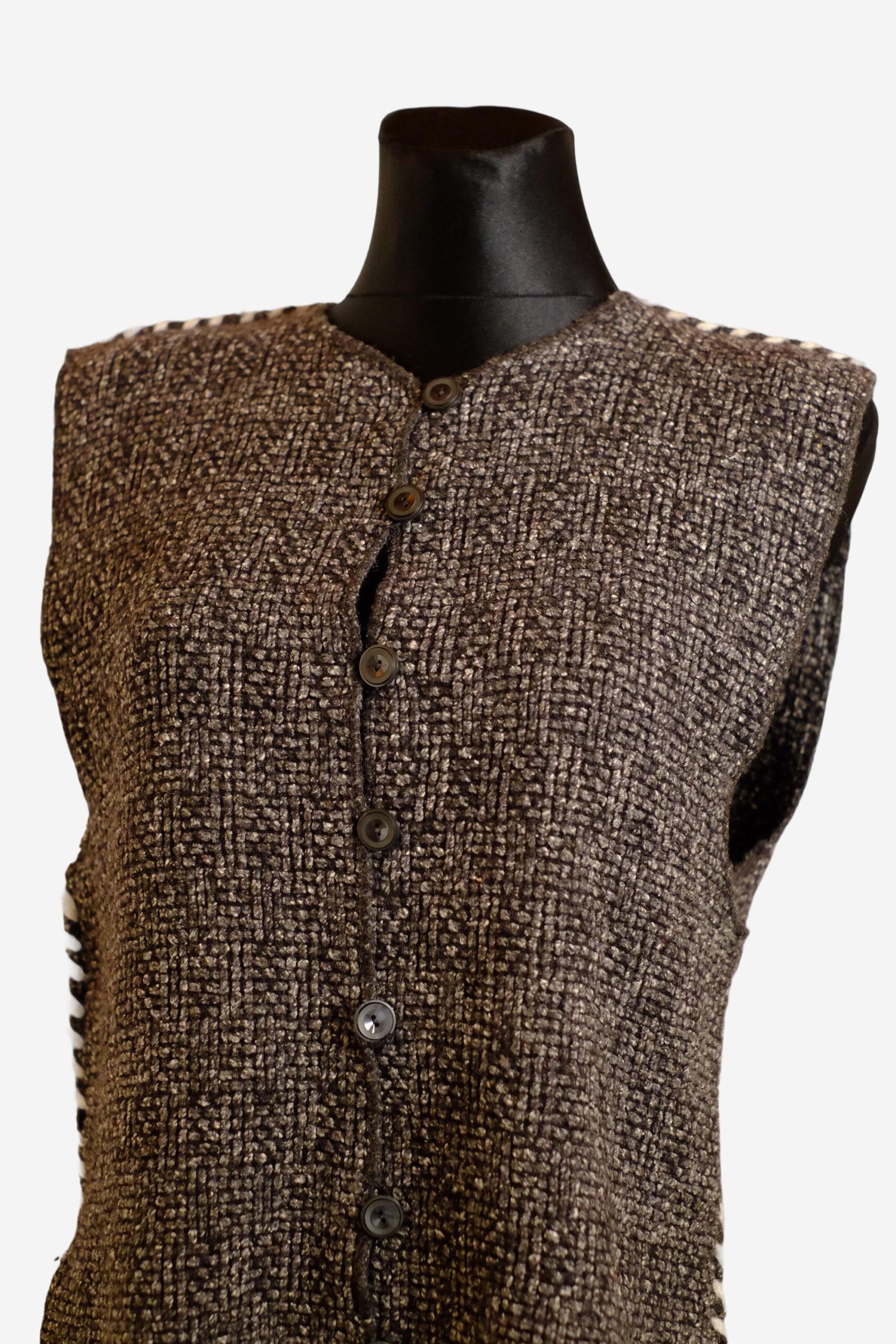 Vintage Brown Textured Button White Seam Crochet Vest - Image 9