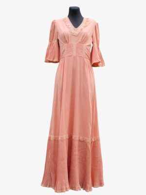 70s Peach Pink Prairie Prom Dress, Vintage Boho Chic Hippie Style