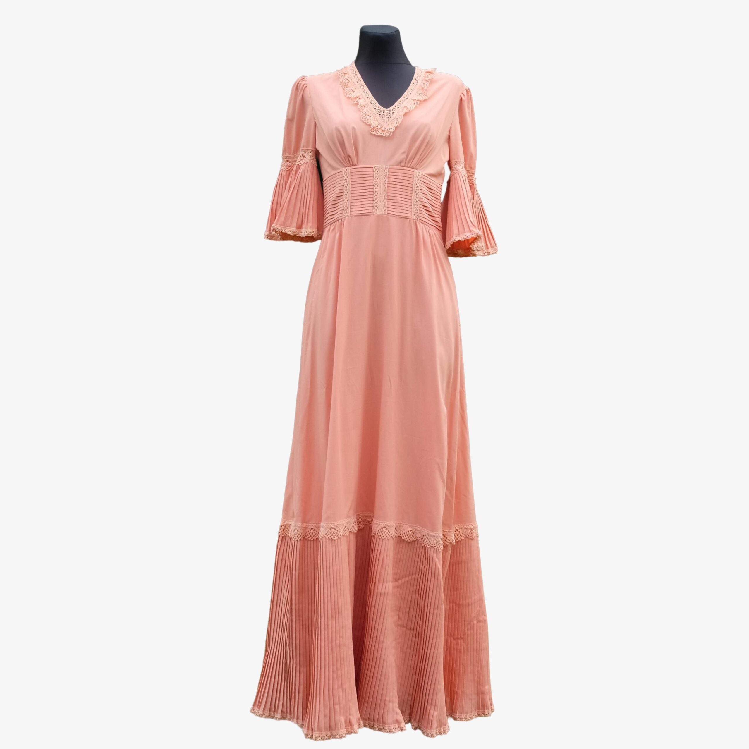 70s Peach Pink Prairie Prom Dress, Vintage Boho Chic Hippie Style