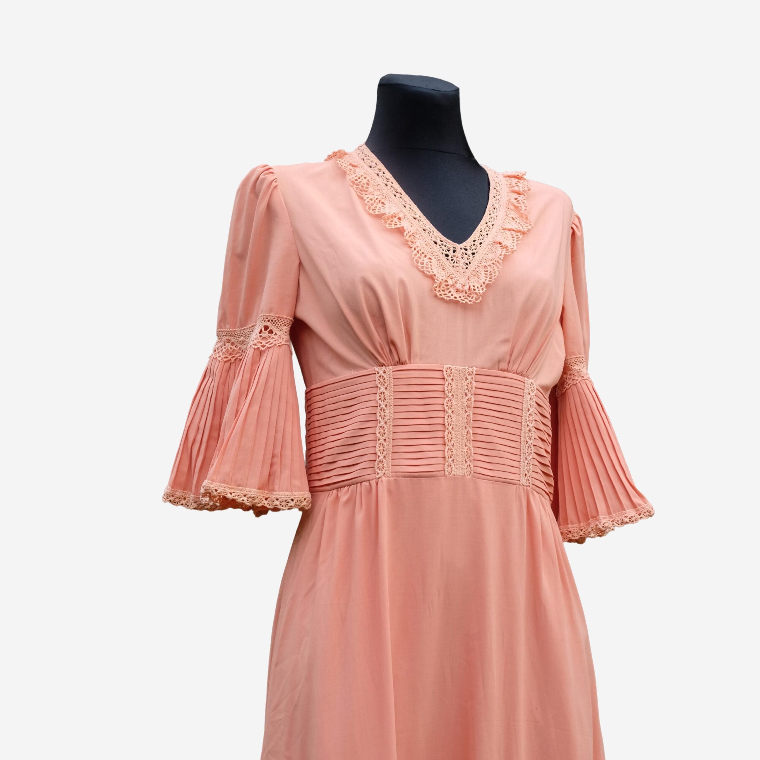 70s Peach Pink Prairie Prom Dress, Vintage Boho Chic Hippie Style - Image 3