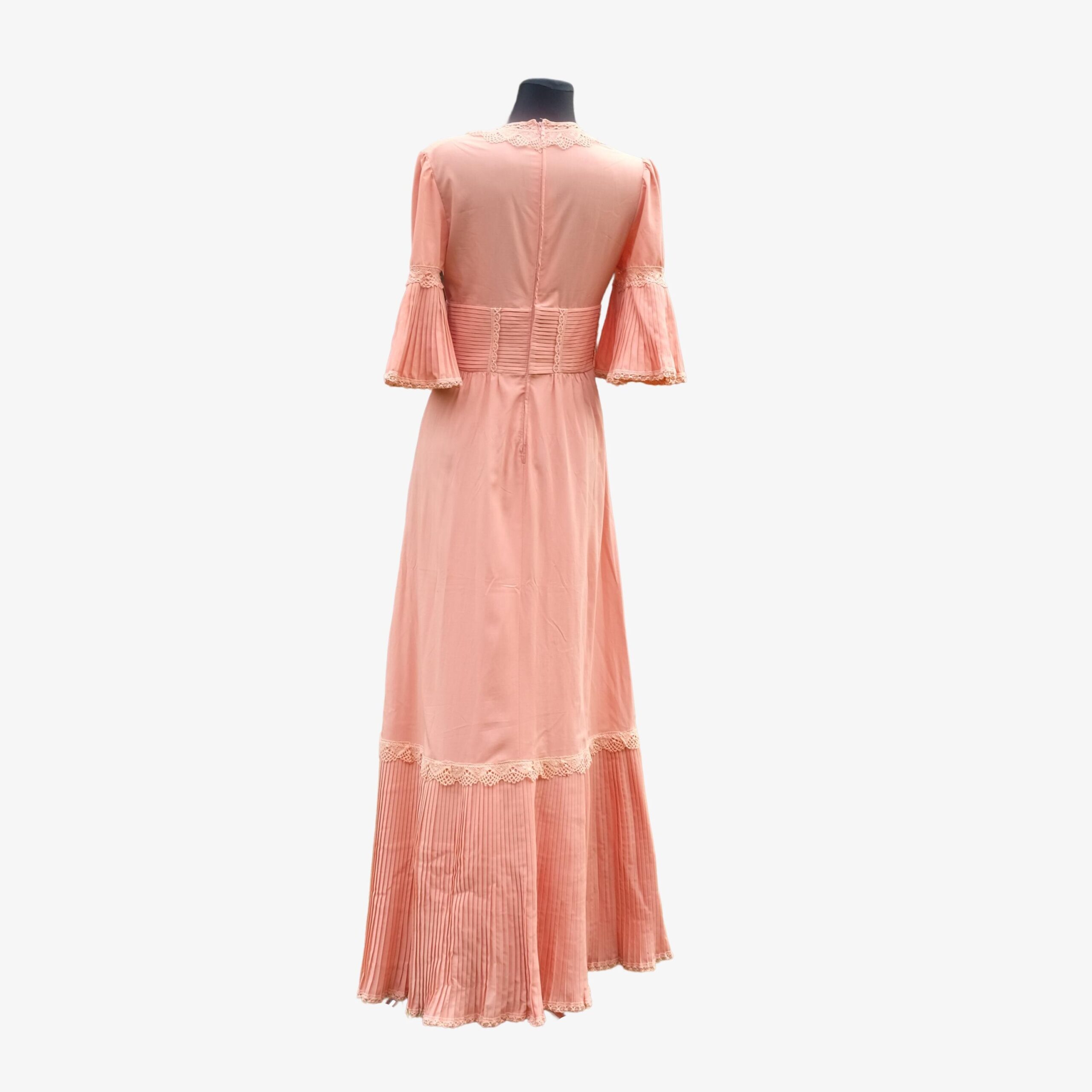 70s Peach Pink Prairie Prom Dress, Vintage Boho Chic Hippie Style - Image 4