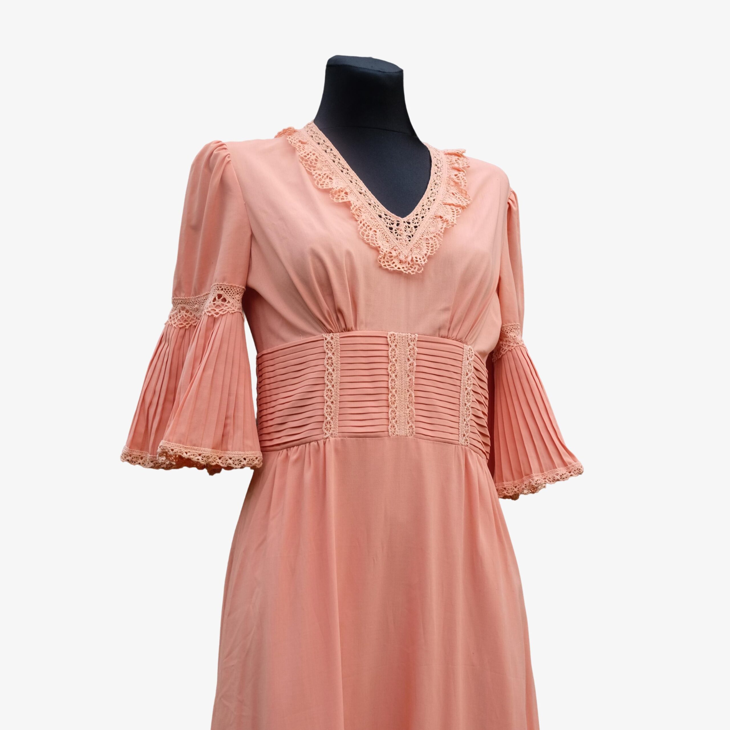70s Peach Pink Prairie Prom Dress, Vintage Boho Chic Hippie Style - Image 6