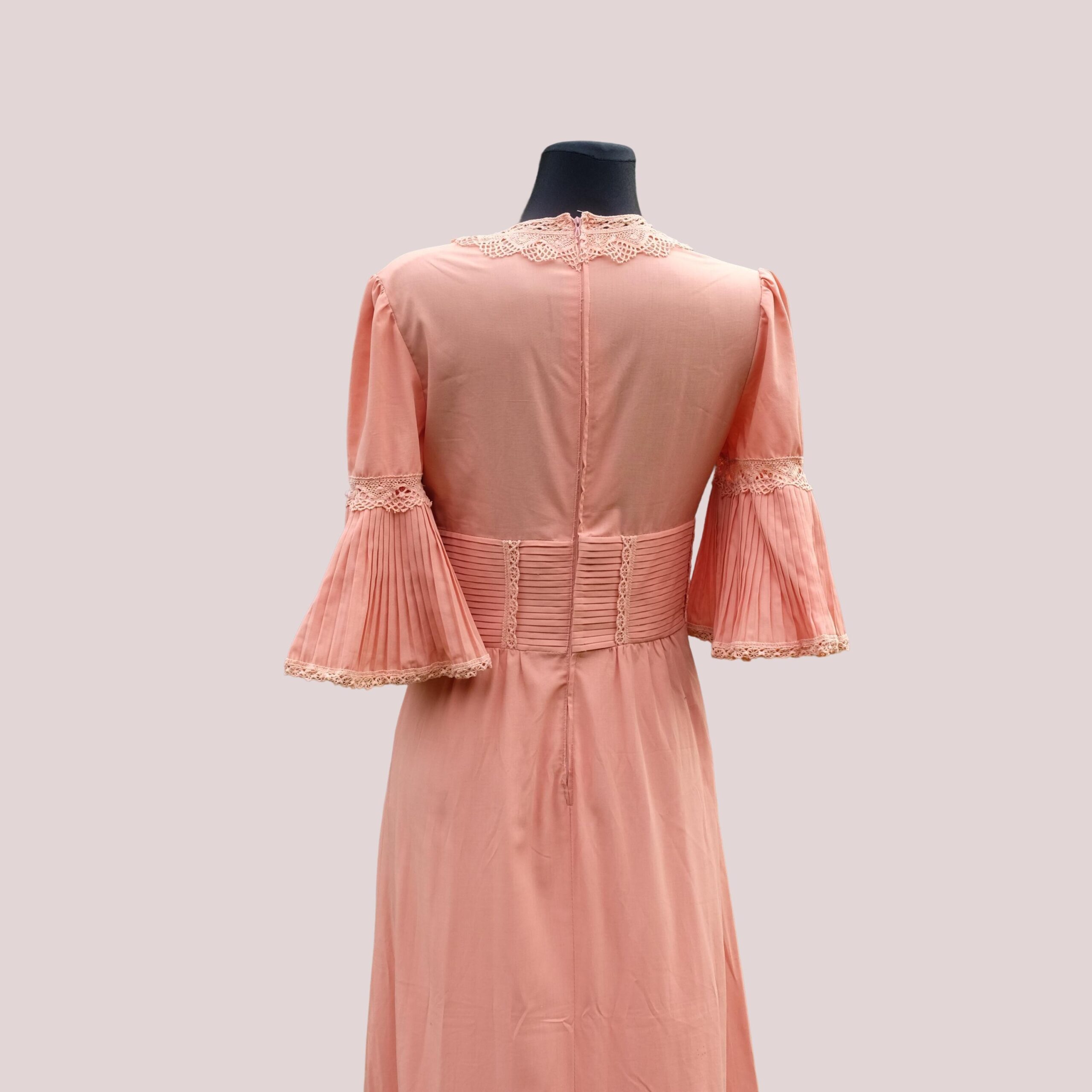 70s Peach Pink Prairie Prom Dress, Vintage Boho Chic Hippie Style - Image 7
