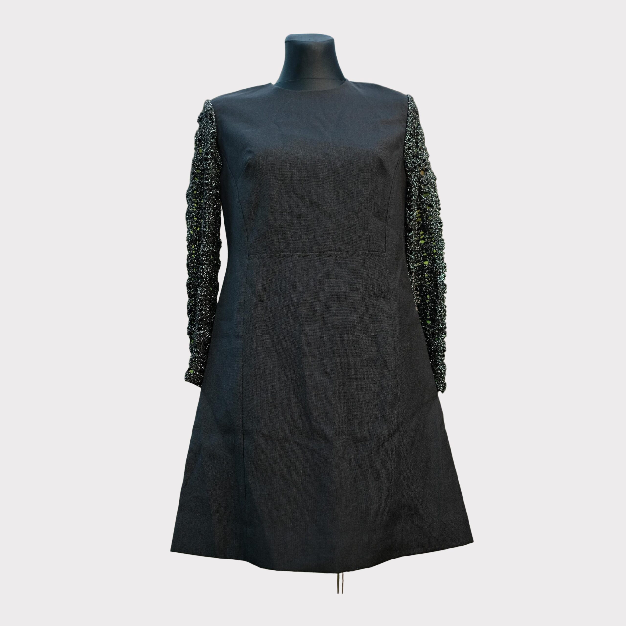 Vintage Black Long Sleeved Mini Dress with Crochet Sleeves size EU40