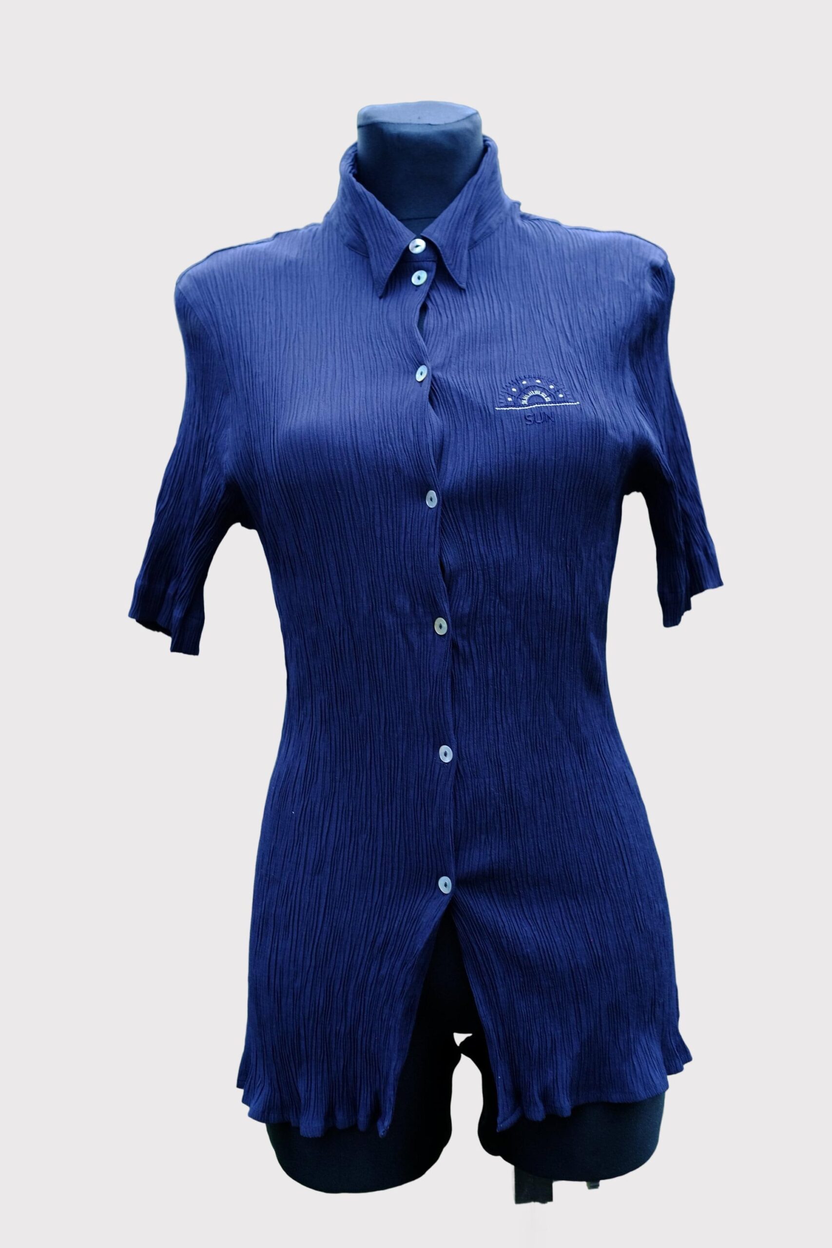 Vintage 90s Navy Blue Fitted Crinkle Crepe Blouse - Image 4