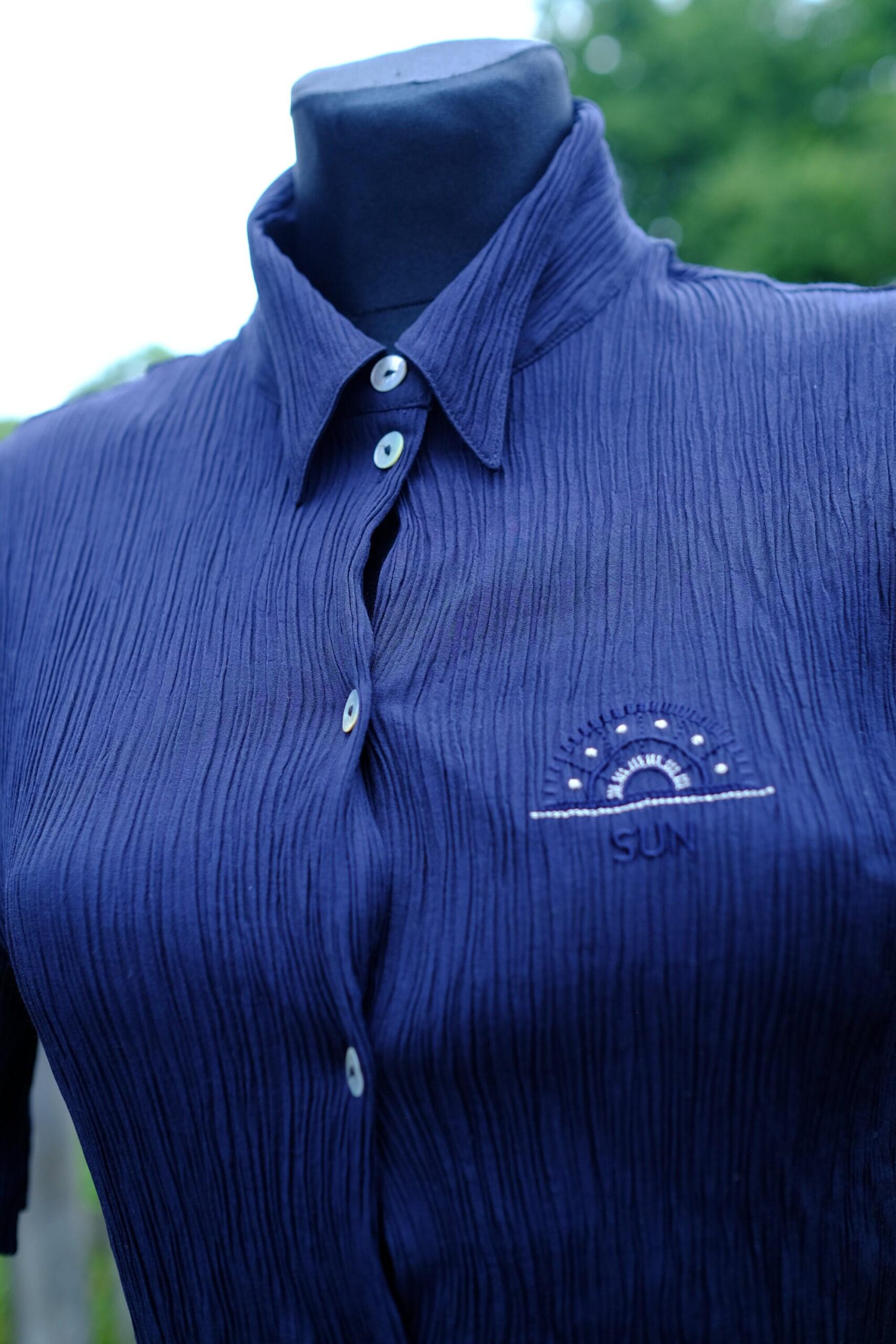 Vintage 90s Navy Blue Fitted Crinkle Crepe Blouse - Image 5