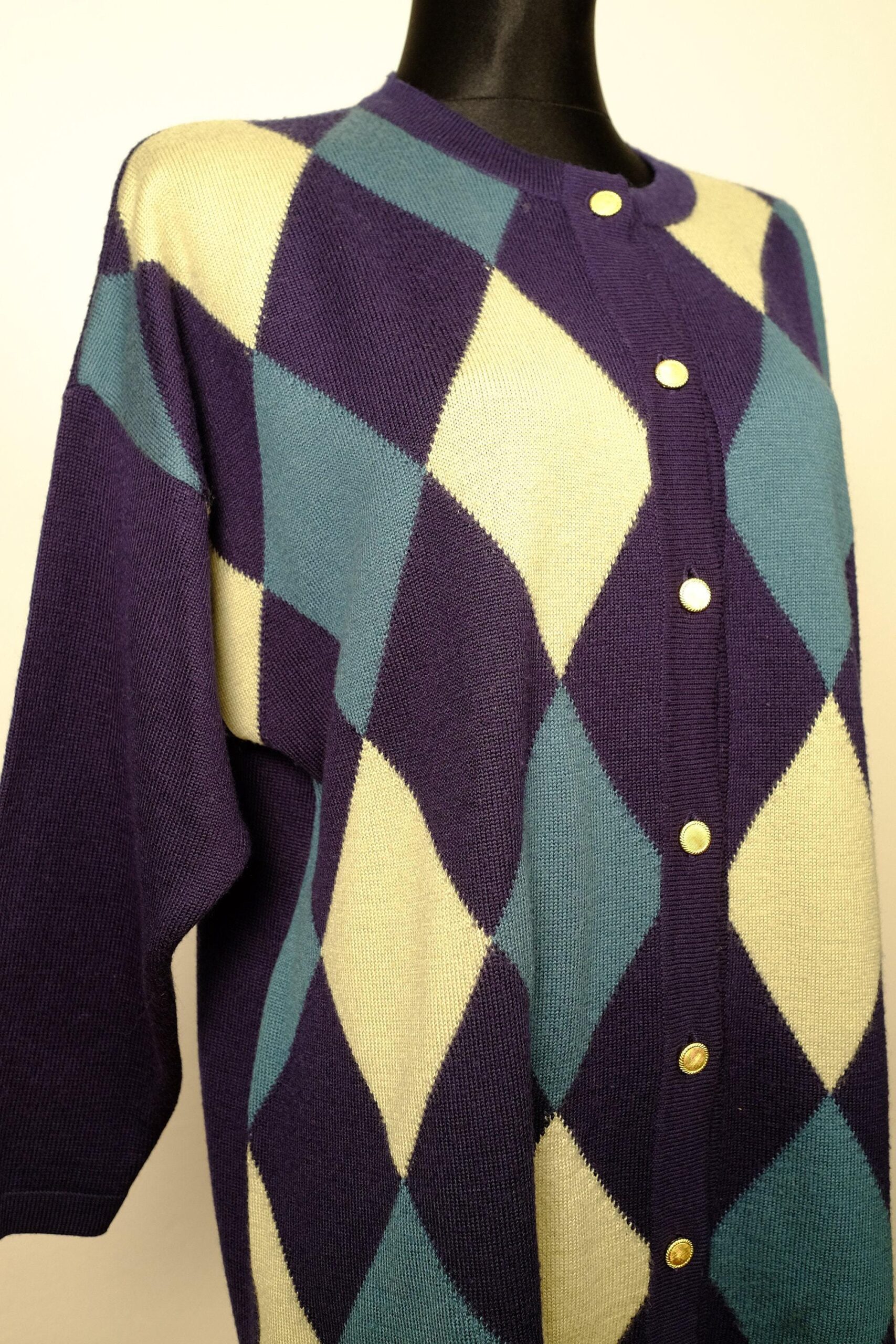 Y2K Vintage Plaid Argyle Pattern Knit Cardigan - Image 2