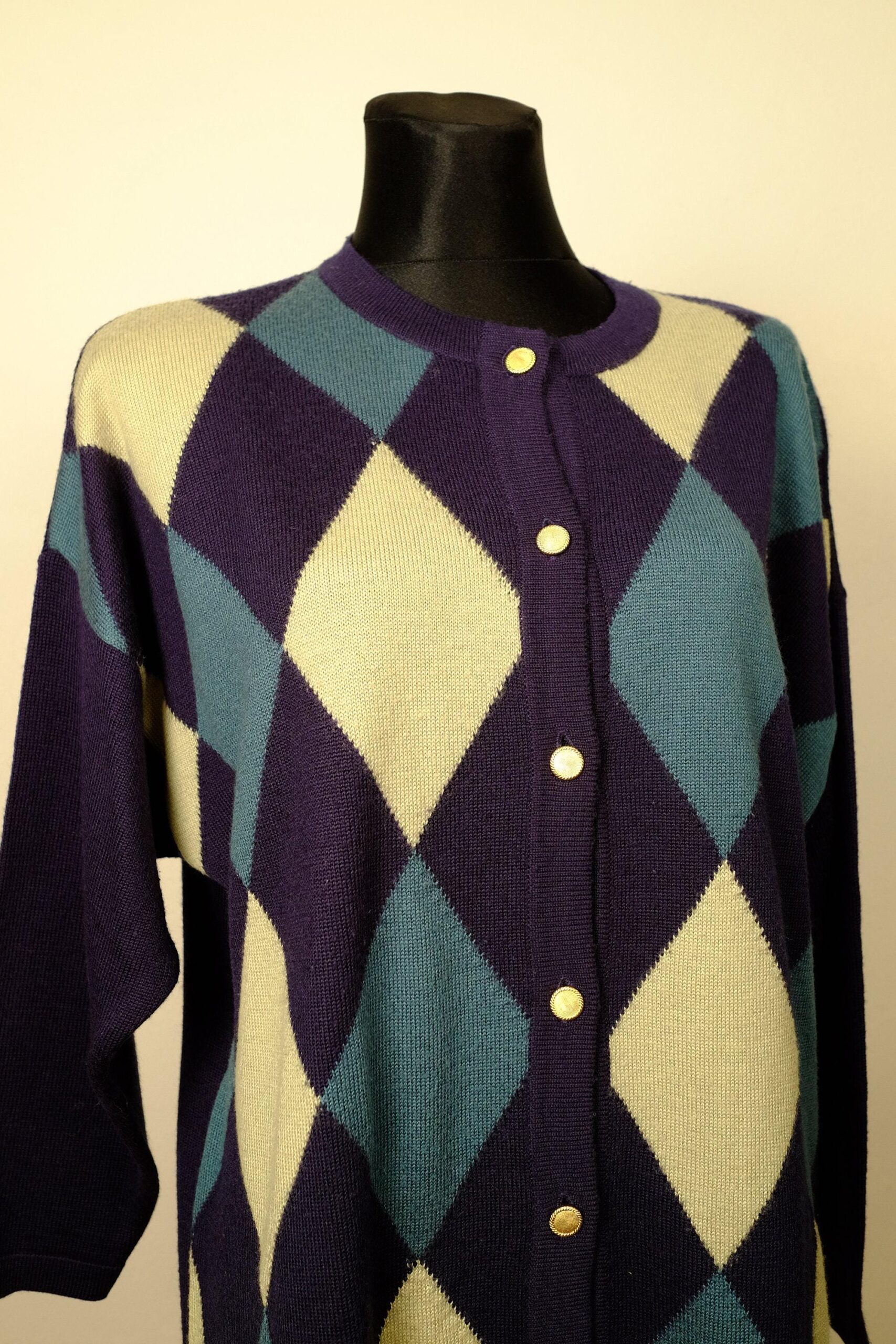 Y2K Vintage Plaid Argyle Pattern Knit Cardigan - Image 3