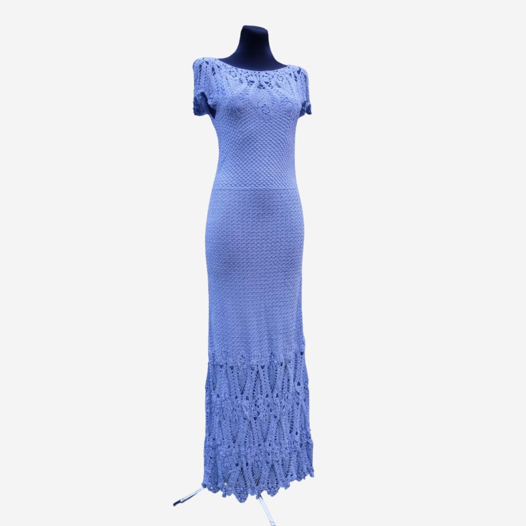 Vintage Crochet Prom/Evening Dress in Baby Blue Colour, size S -M, Knitted Floorlength Gown