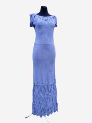 Vintage Crochet Prom/Evening Dress in Baby Blue Colour, size S -M, Knitted Floorlength Gown