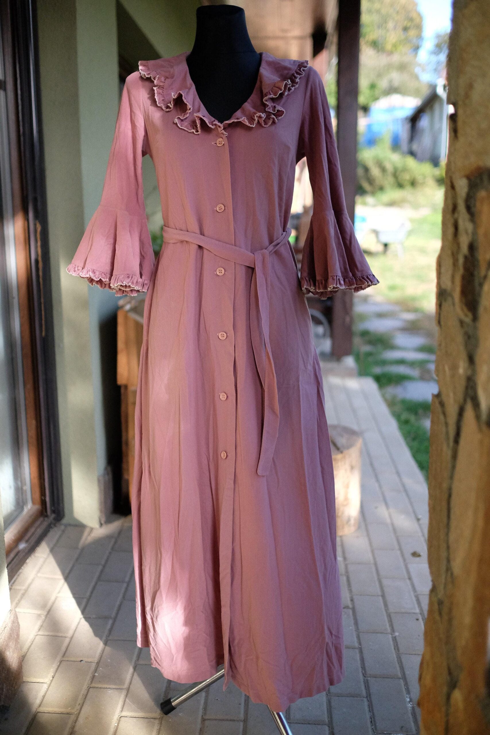60s 70s Vintage Dreamy Dressing Gown, Nigth Gown, Robe, House Coat with Bell Ruffle Sleeves Small Size - Image 7