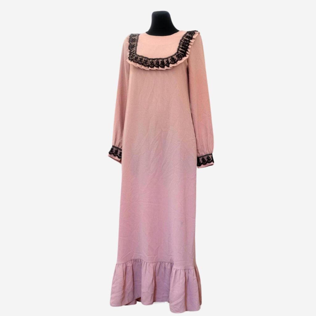 1970s Vintage Whimsical Pink Dress with Black Lace Ruffled Collar