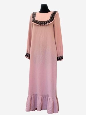 1970s Vintage Whimsical Pink Dress with Black Lace Ruffled Collar