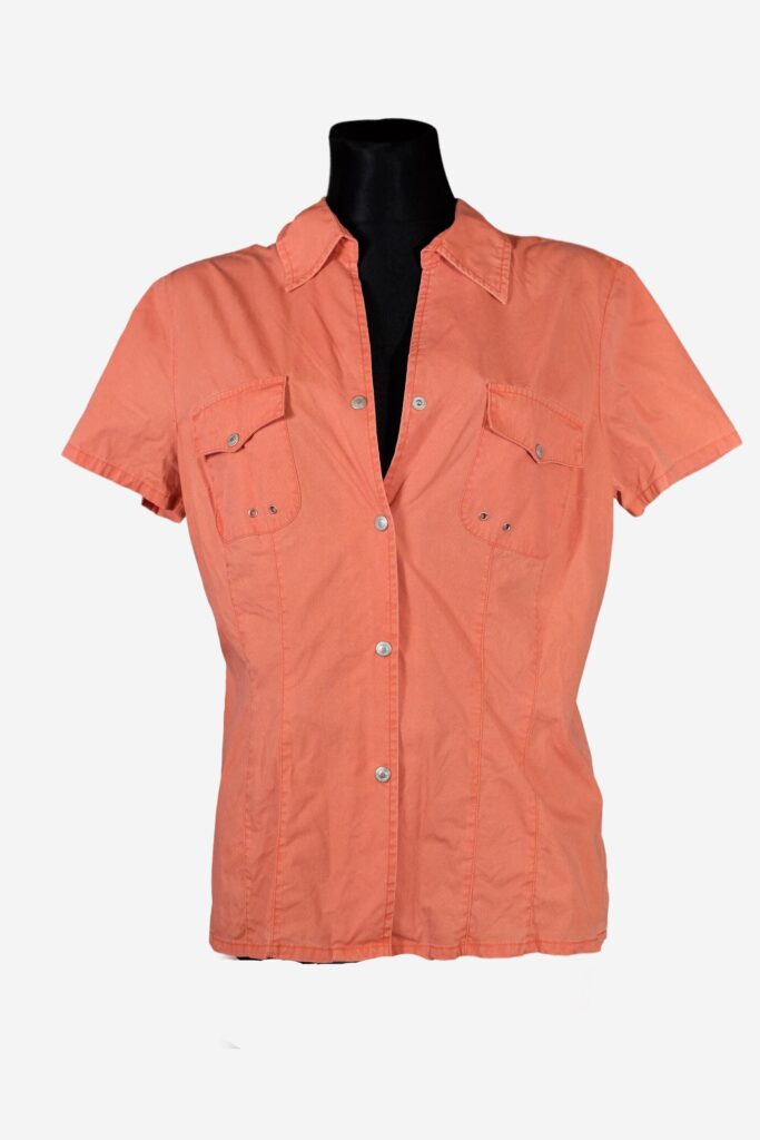 90s Vintage Sportsy Orange Shirt, Button up Collared Short Sleeved Cotton Blouse
