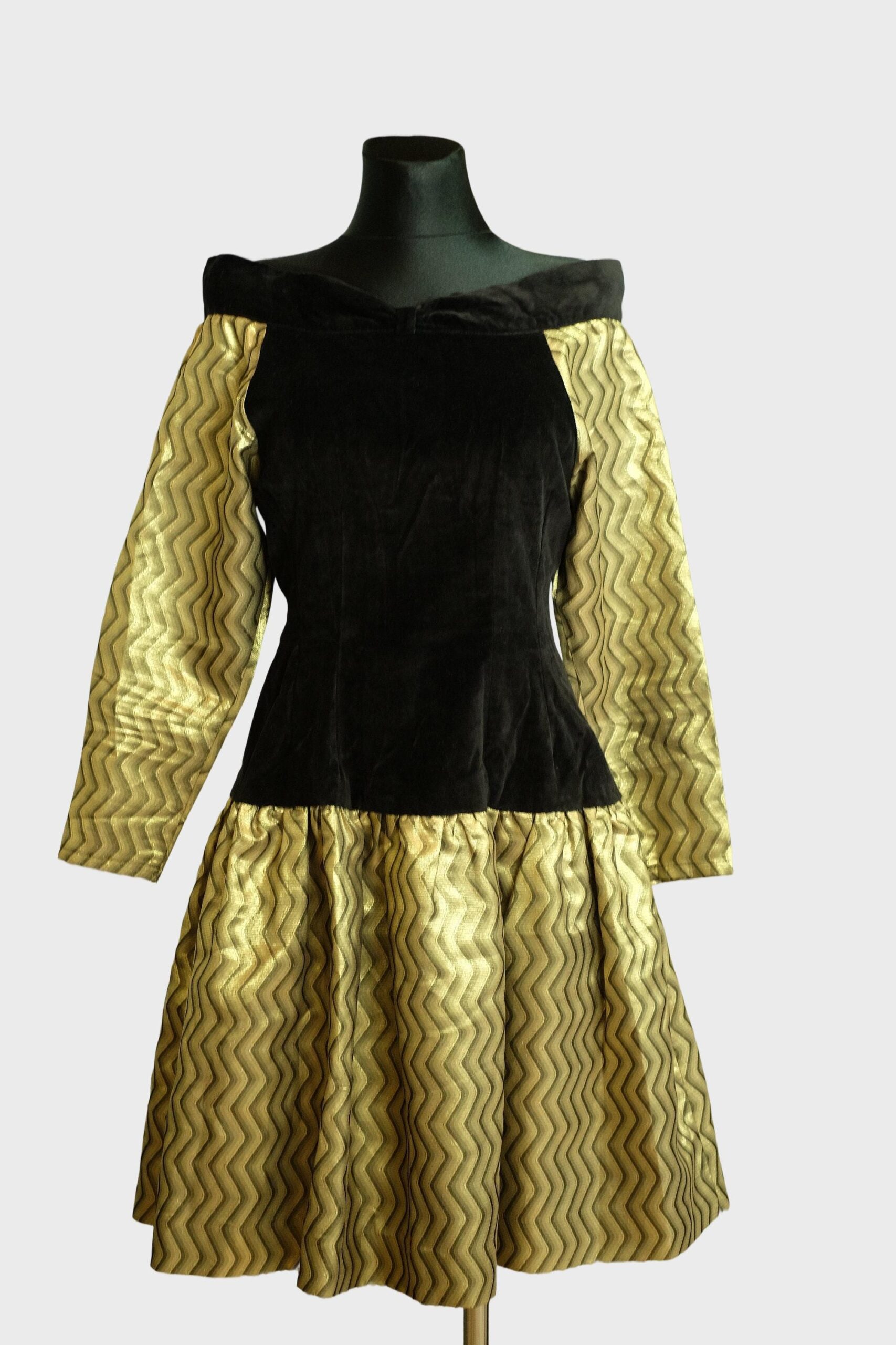 80s Vintage Prom Dress in Black and Gold