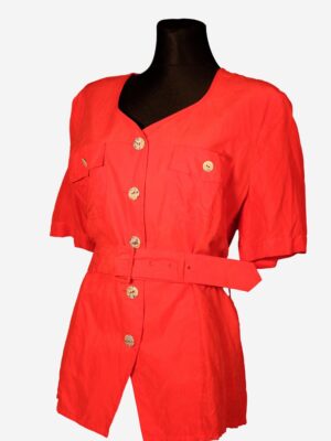 80s/90s Vintage Red Blouse with Short Sleeves and Belt