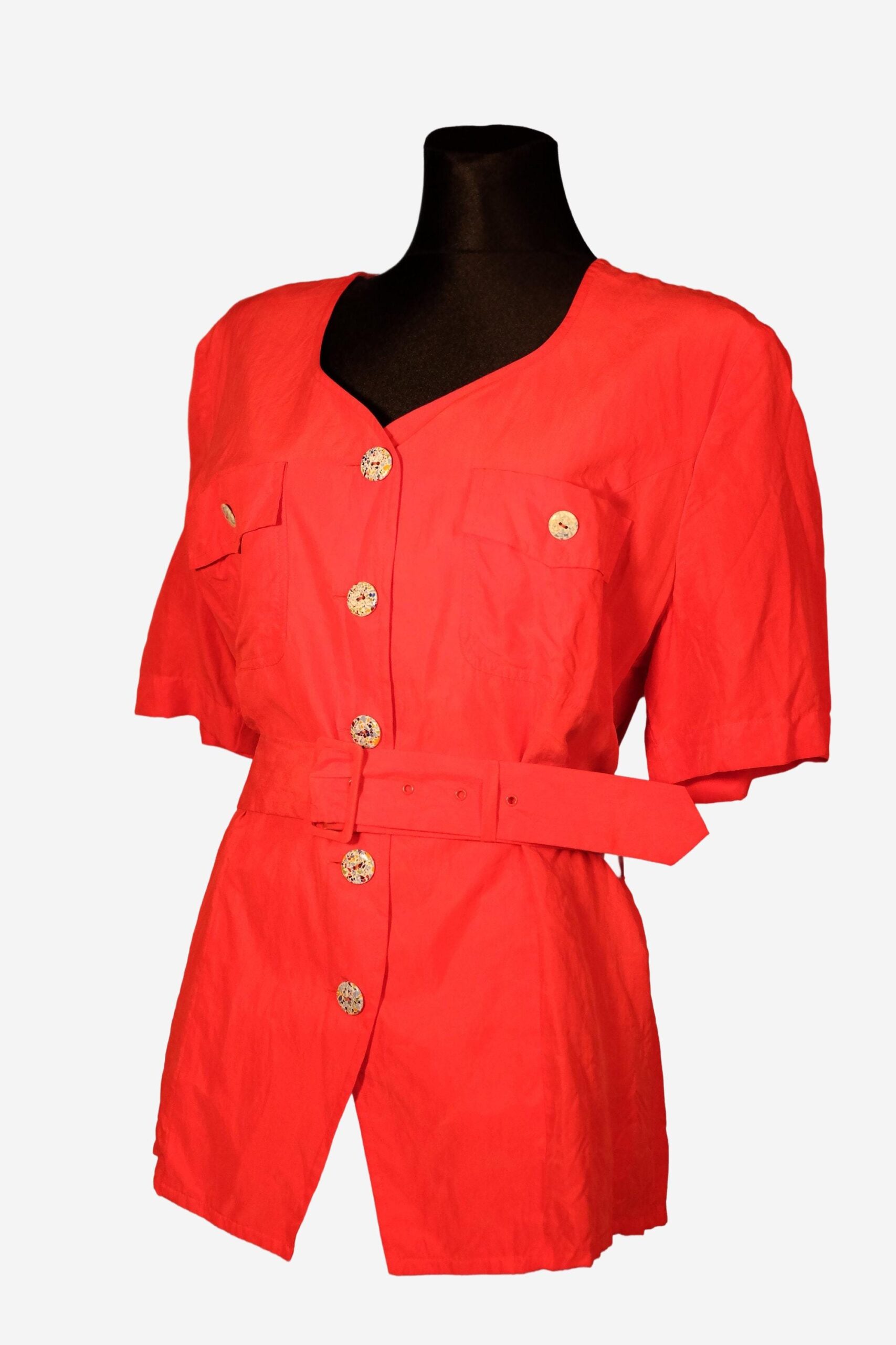 80s/90s Vintage Red Blouse with Short Sleeves and Belt