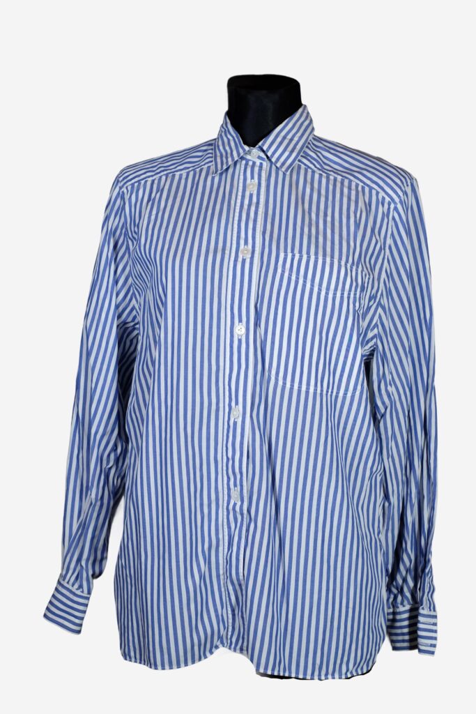 Blue White Striped Smart Shirt, Button Up Collared Long Sleeved Blouse
