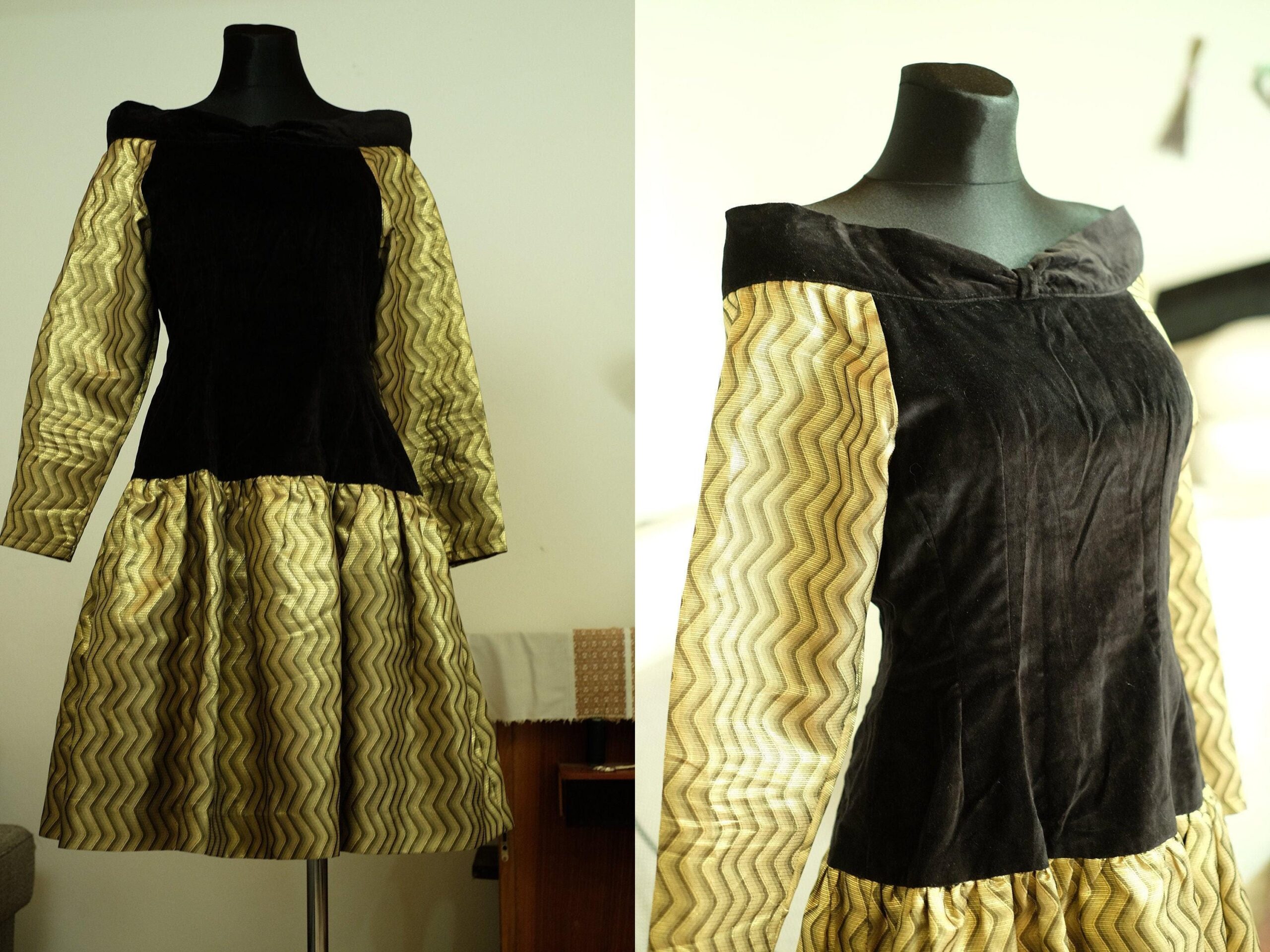 80s Vintage Prom Dress in Black and Gold - Image 2