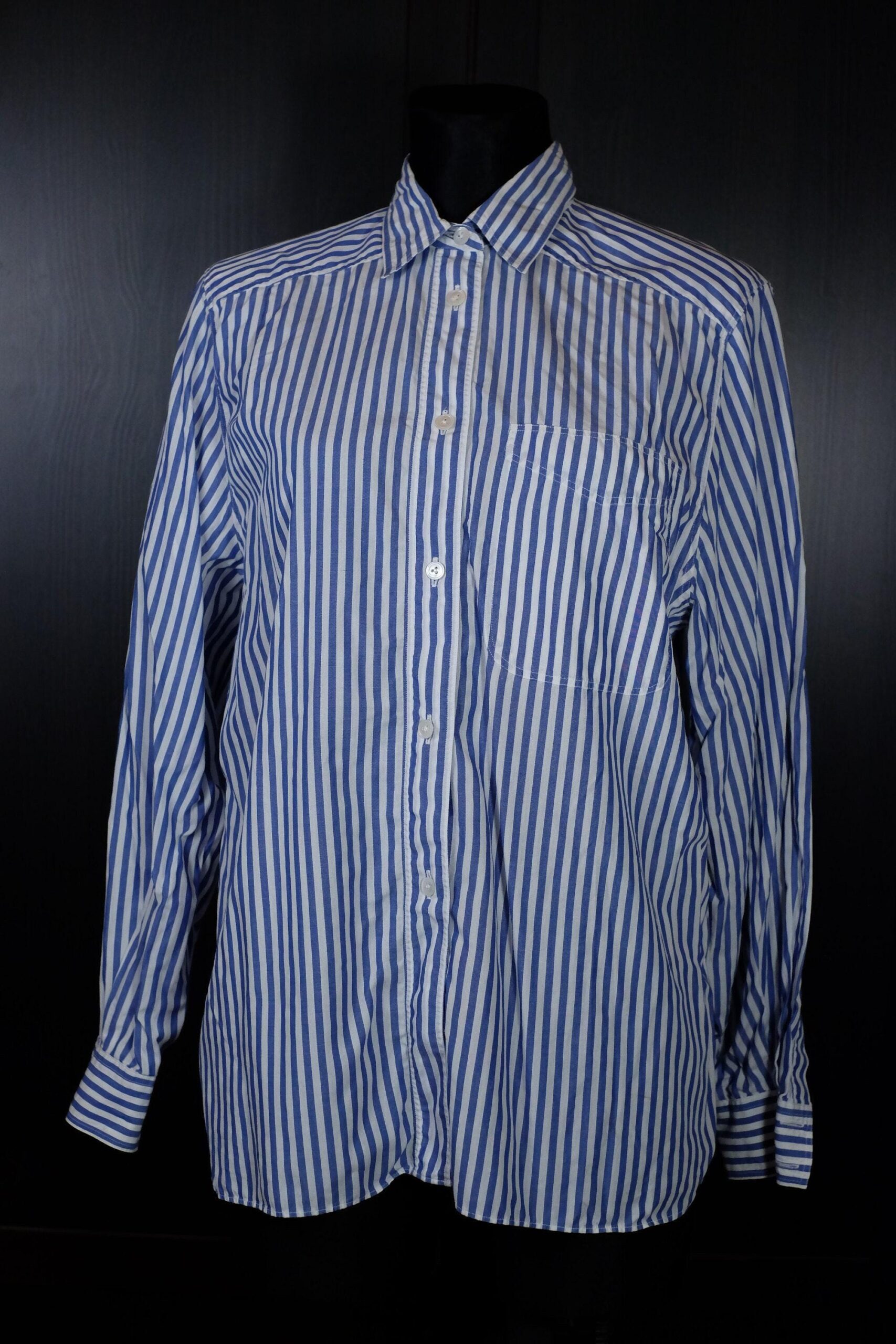 Blue White Striped Smart Shirt, Button Up Collared Long Sleeved Blouse - Image 3