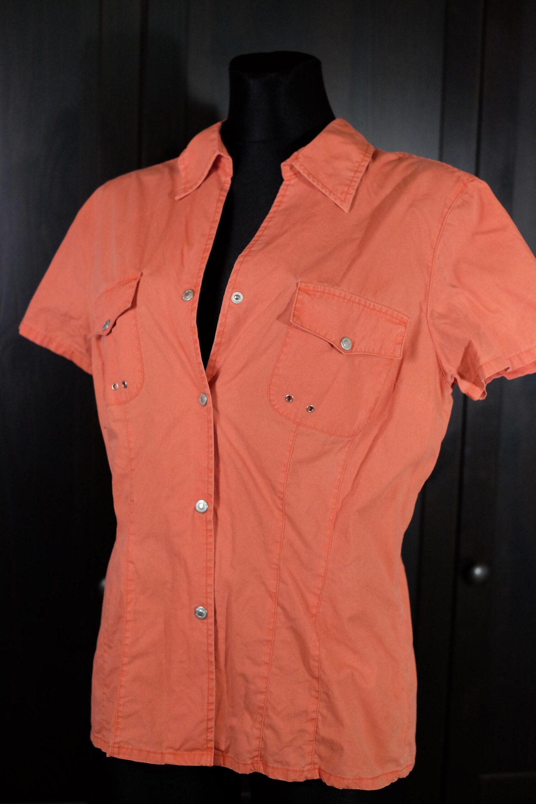 90s Vintage Sportsy Orange Shirt, Button up Collared Short Sleeved Cotton Blouse - Image 4