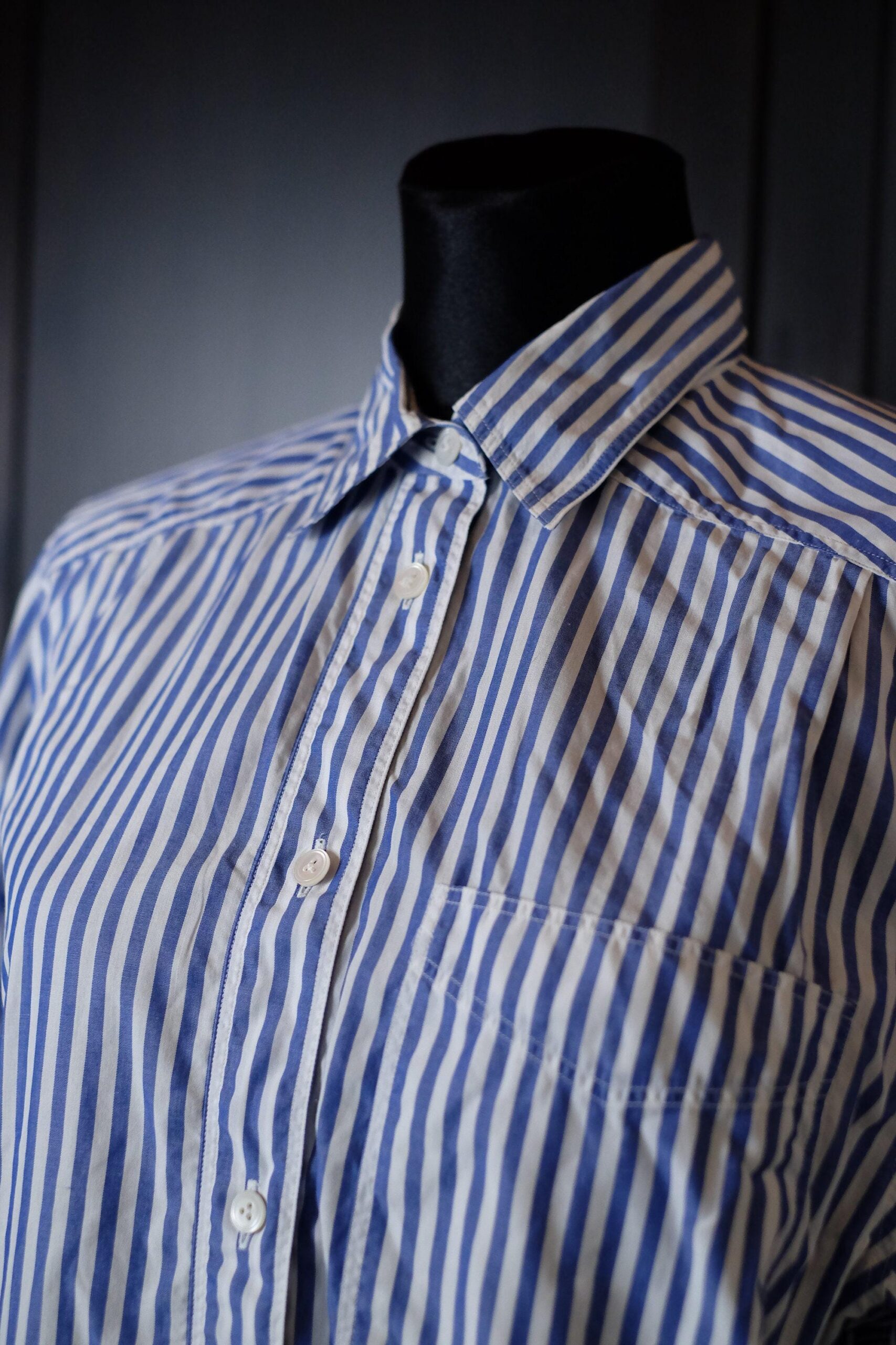 Blue White Striped Smart Shirt, Button Up Collared Long Sleeved Blouse - Image 5