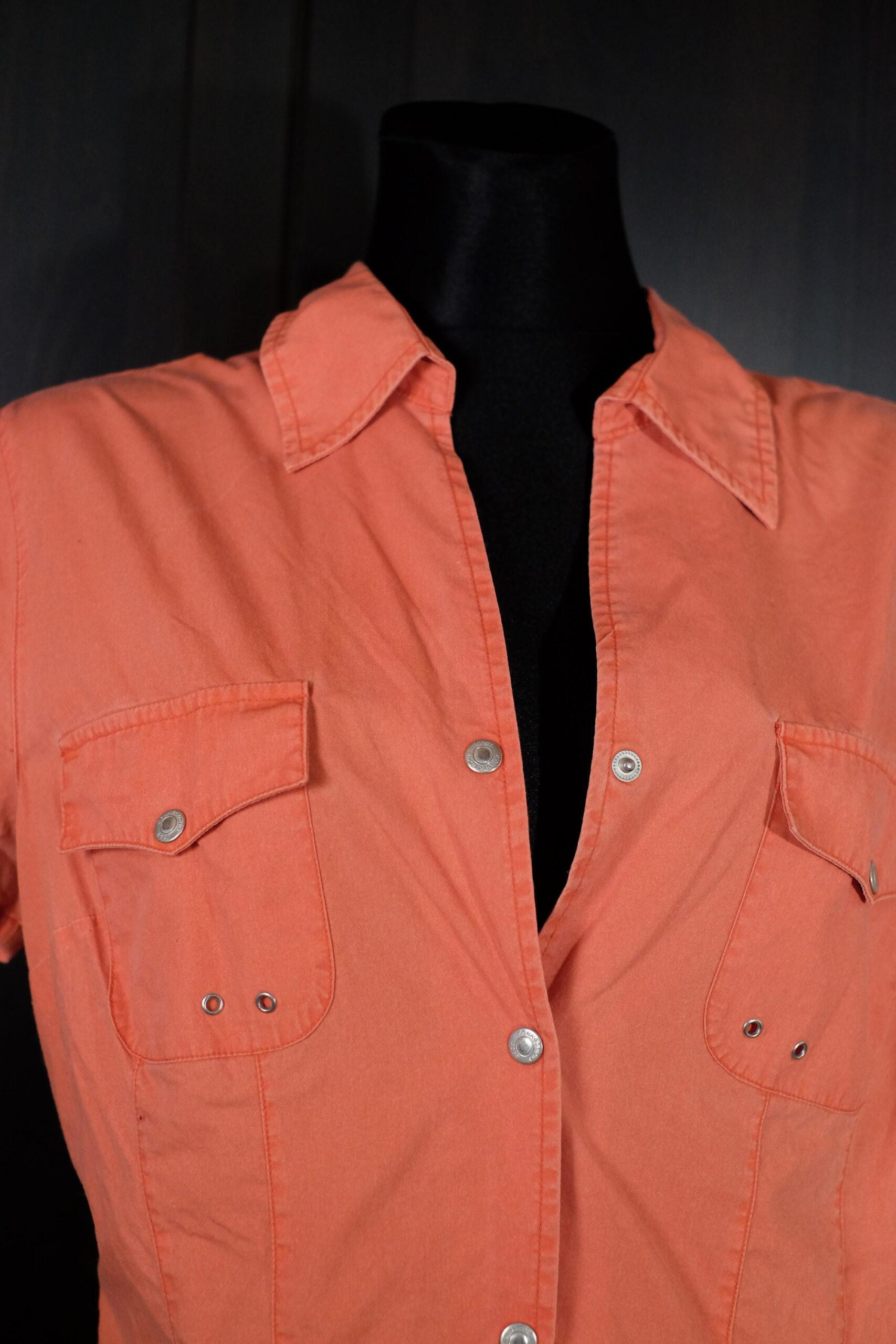 90s Vintage Sportsy Orange Shirt, Button up Collared Short Sleeved Cotton Blouse - Image 6