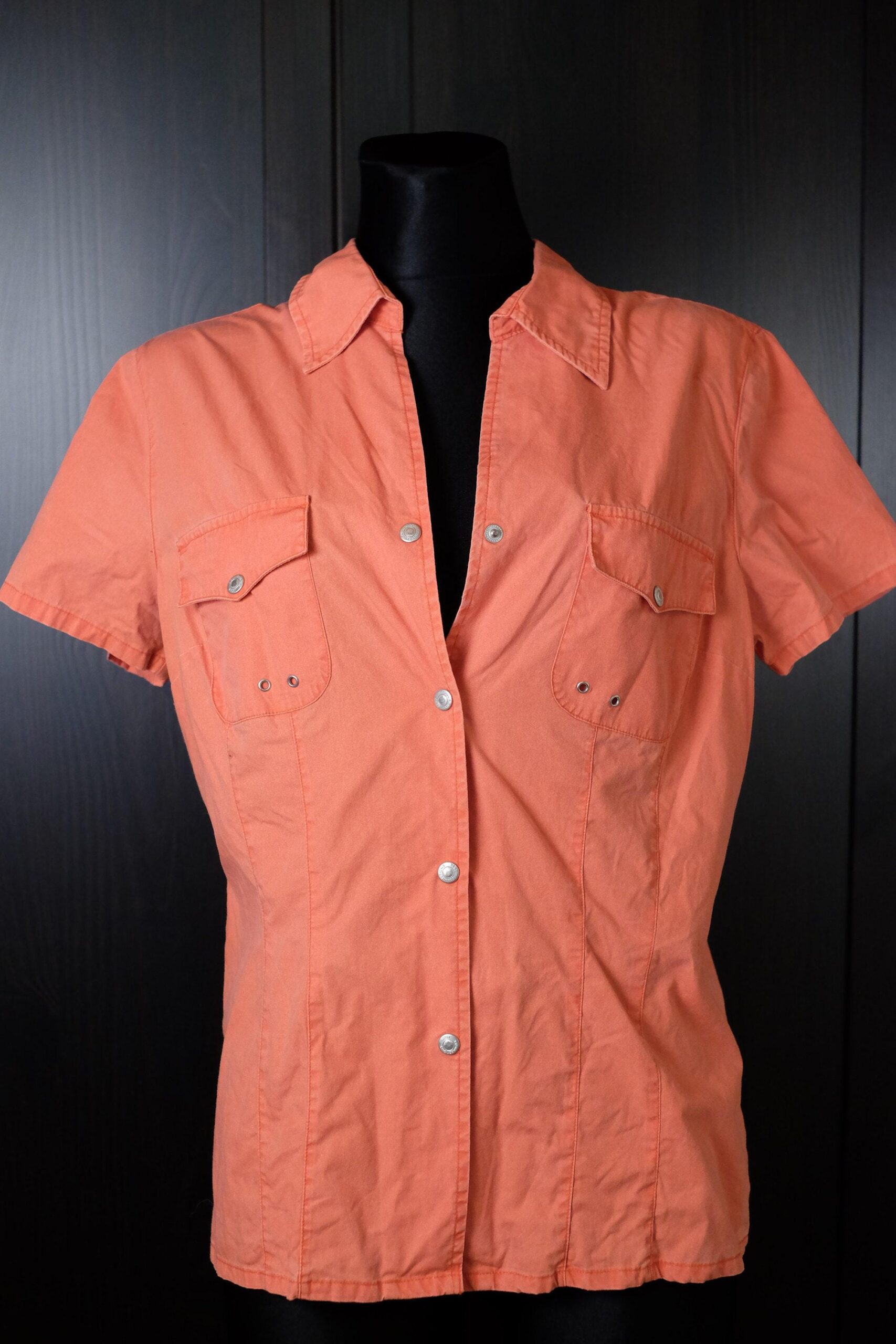 90s Vintage Sportsy Orange Shirt, Button up Collared Short Sleeved Cotton Blouse - Image 8
