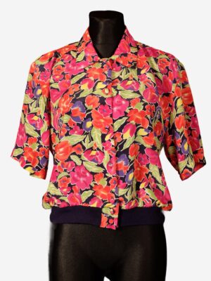90s Vintage Colorful Floral Blouse,Multicolour Print Pink Red Short Sleeve Shirt
