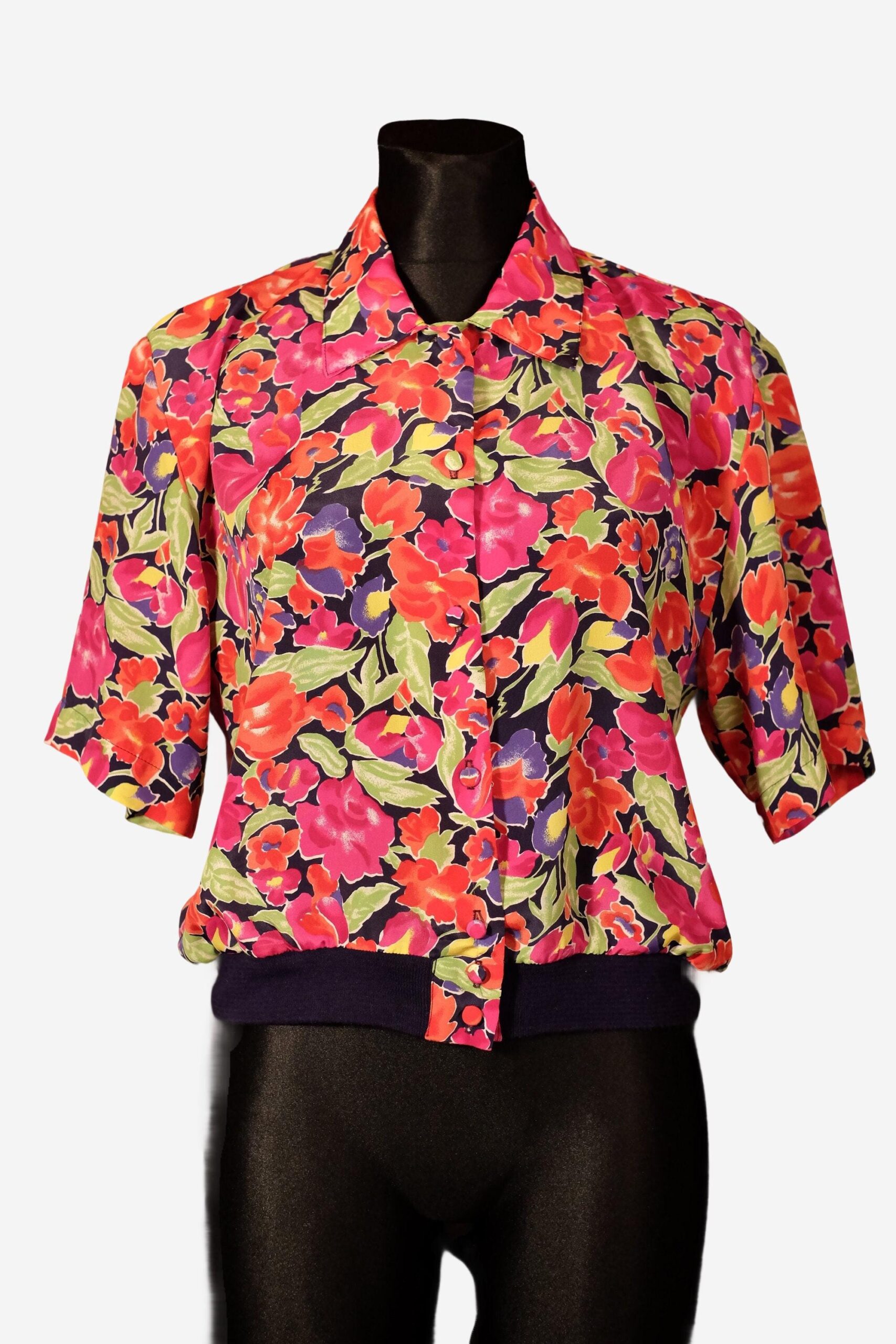 90s Vintage Colorful Floral Blouse,Multicolour Print Pink Red Short Sleeve Shirt