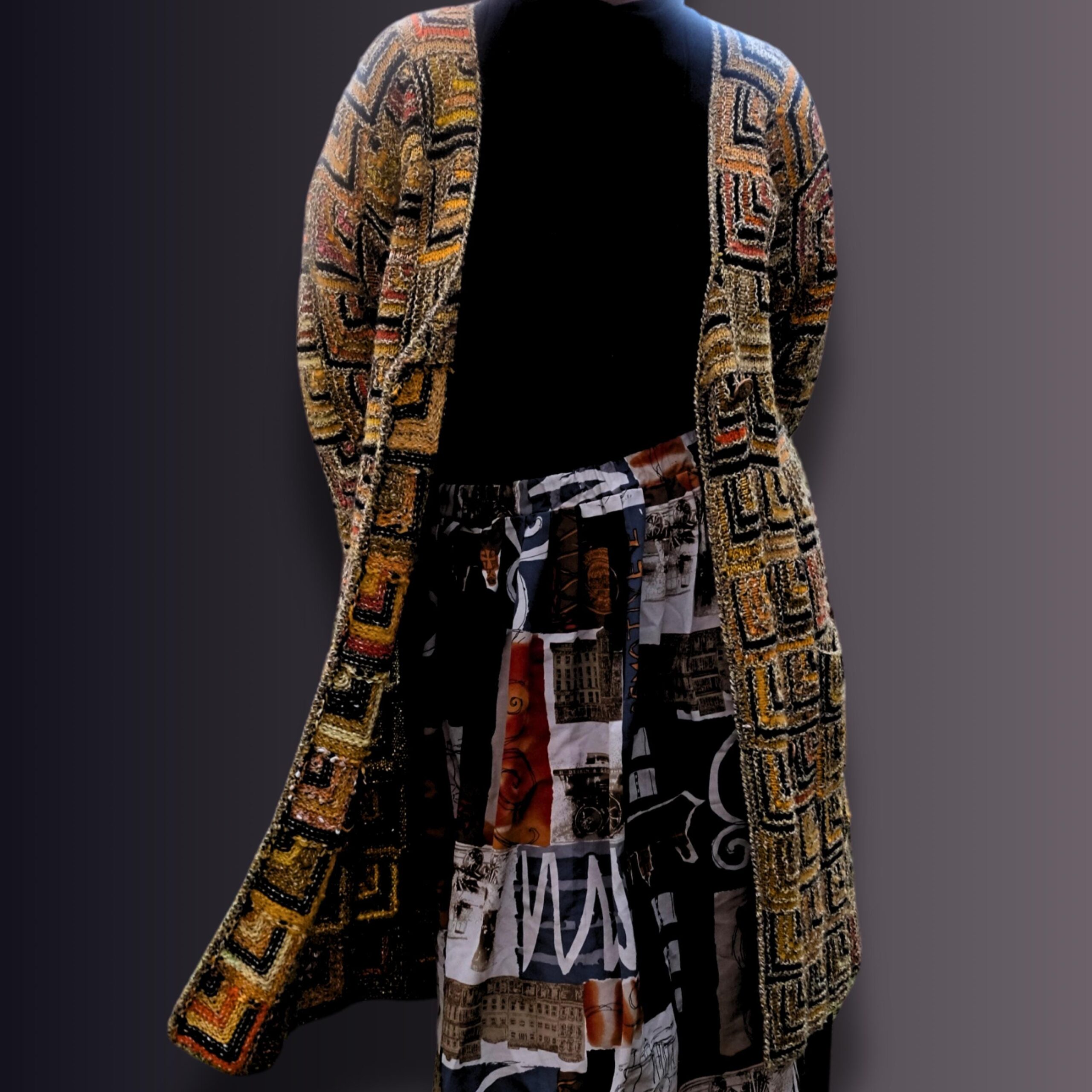 Long Boho Vintage Maxi Cardigan in Gold Geometrical Design, Very Hippie Ethno Vibes, Luisa Spagnoli - Image 2