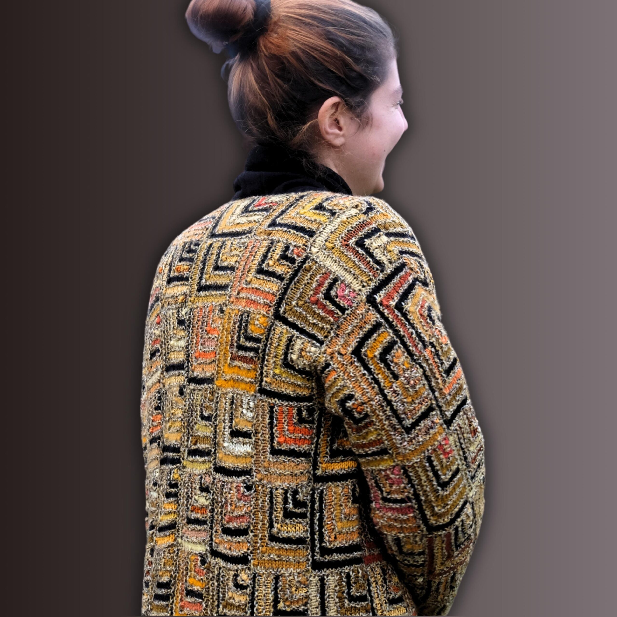 Long Boho Vintage Maxi Cardigan in Gold Geometrical Design, Very Hippie Ethno Vibes, Luisa Spagnoli - Image 4