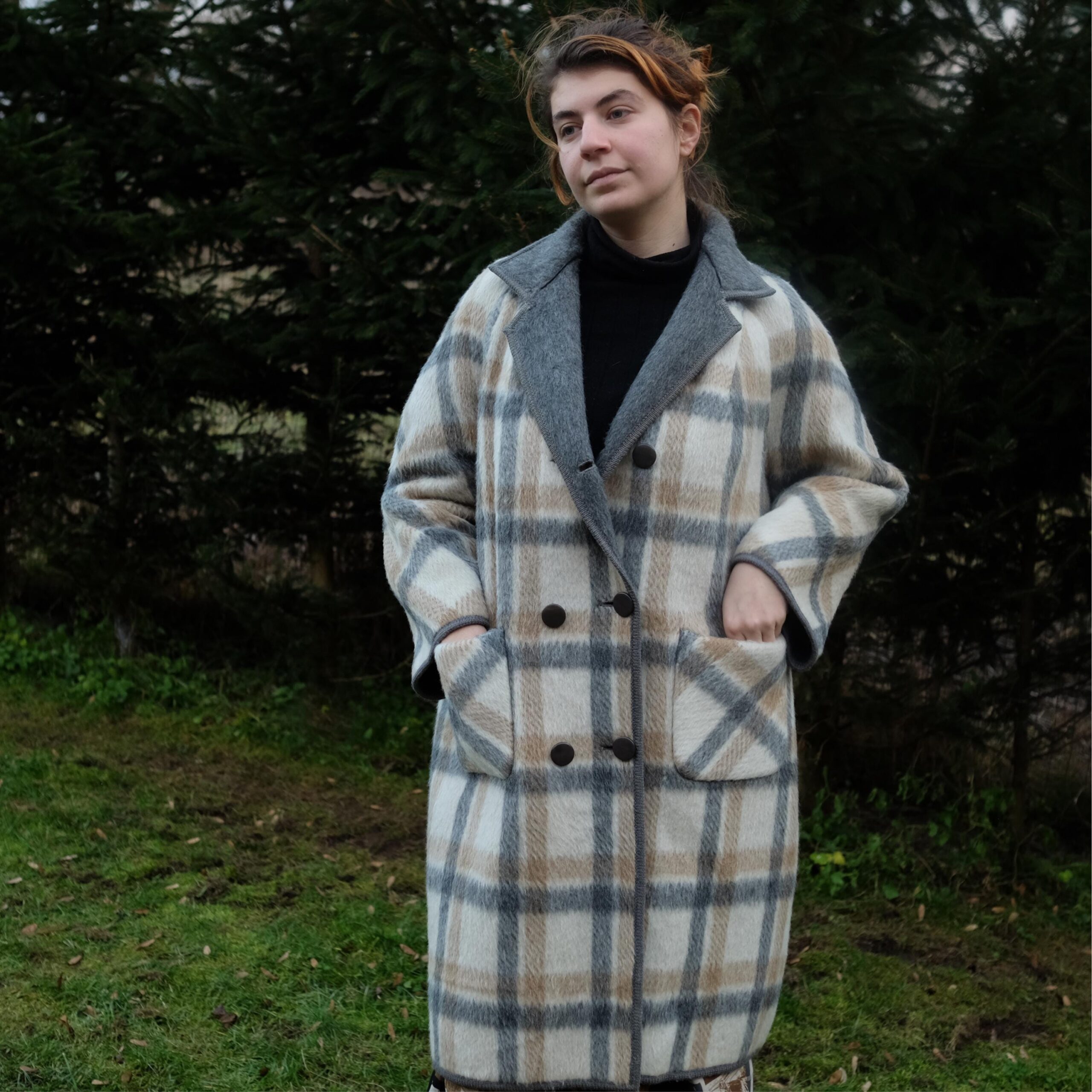 Vintage Plaid Double Breasted Overcoat, Oversized Blanket Jacket - Image 6