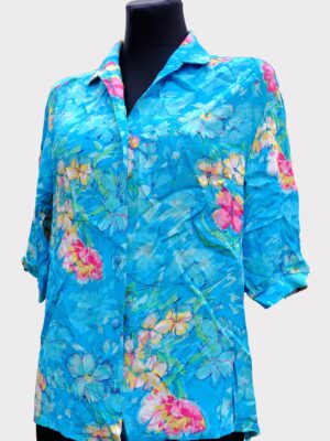90s Vintage Blue Floral Hawaiian Viscose Blouse