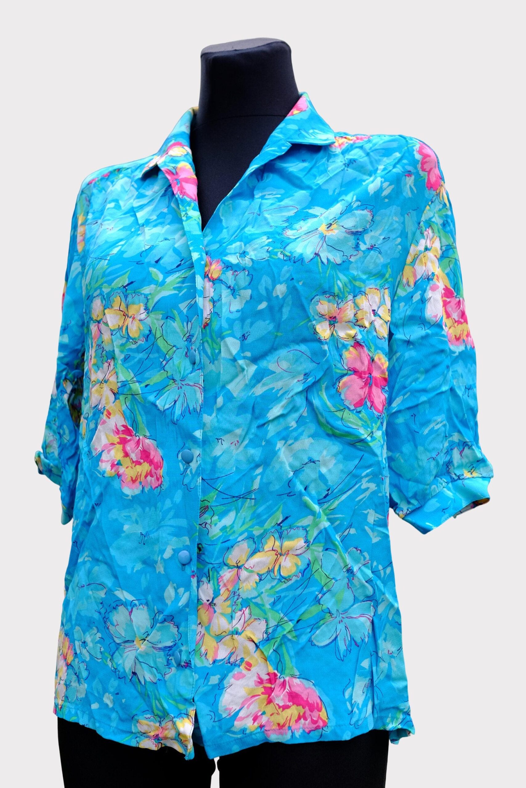 90s Vintage Blue Floral Hawaiian Viscose Blouse