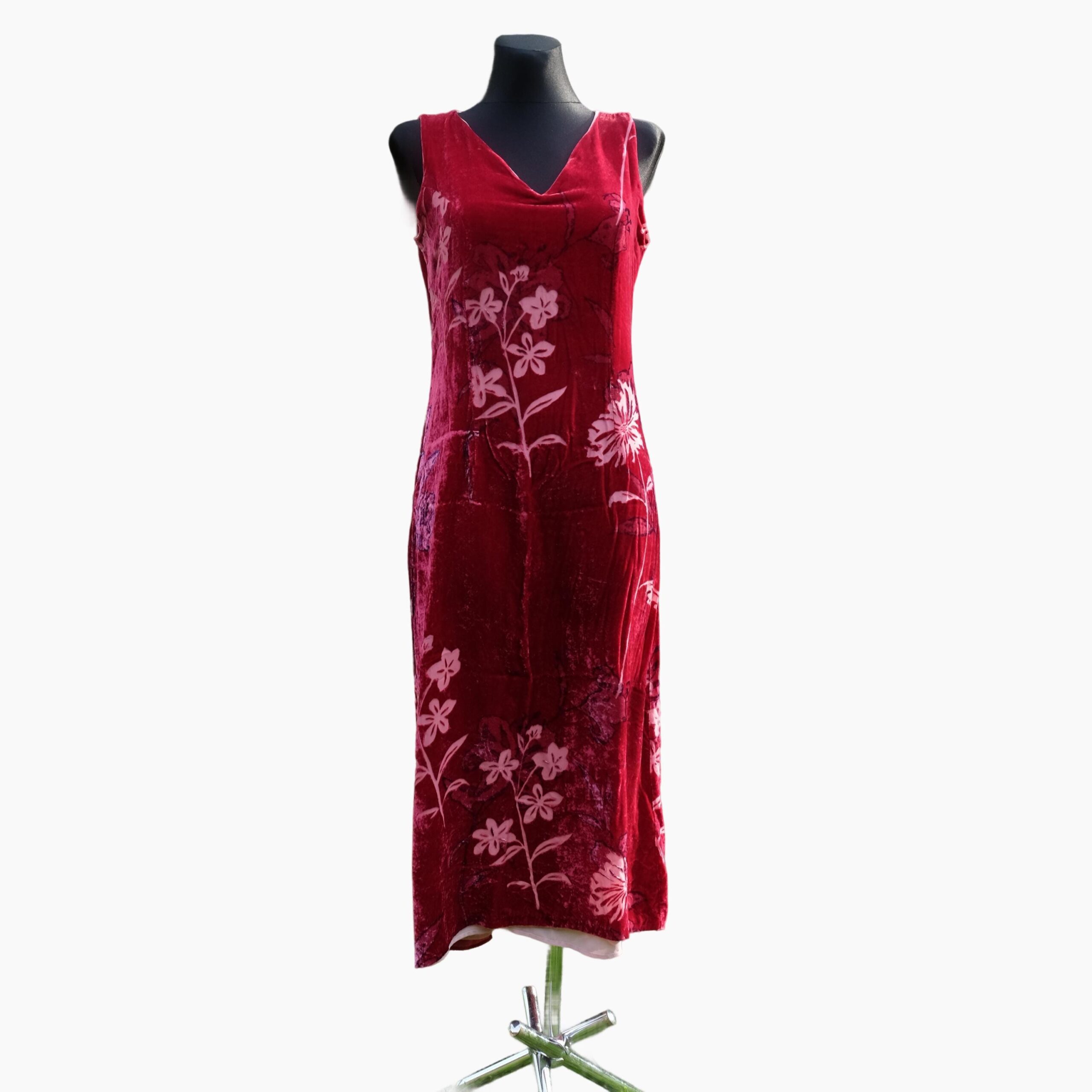 90s Vintage Red Velvet Floral Dress - Image 2
