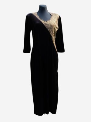 80s Vintage Velvet Prom Dress in Black And Gold, size L