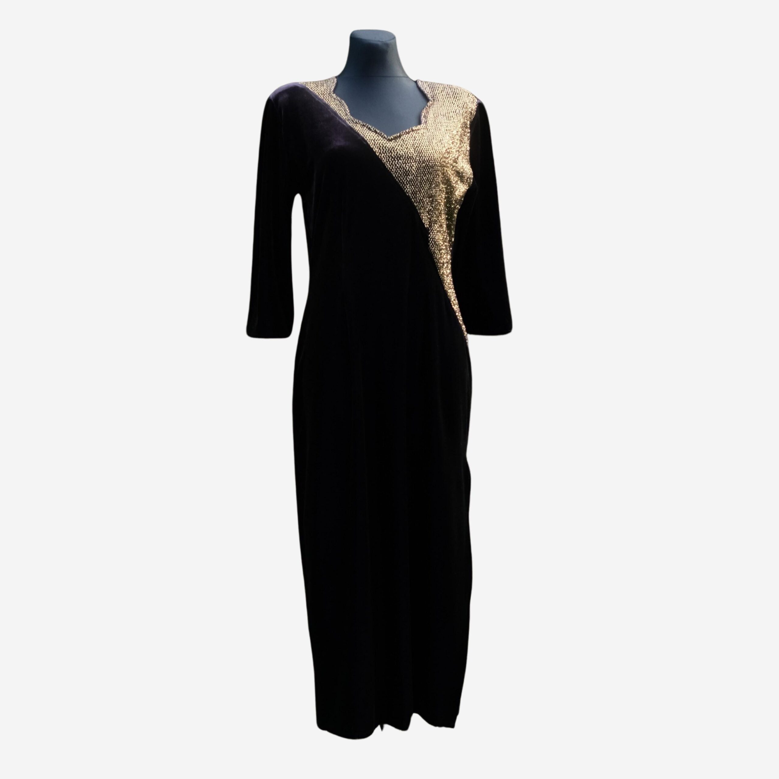 80s Vintage Velvet Prom Dress in Black And Gold, size L