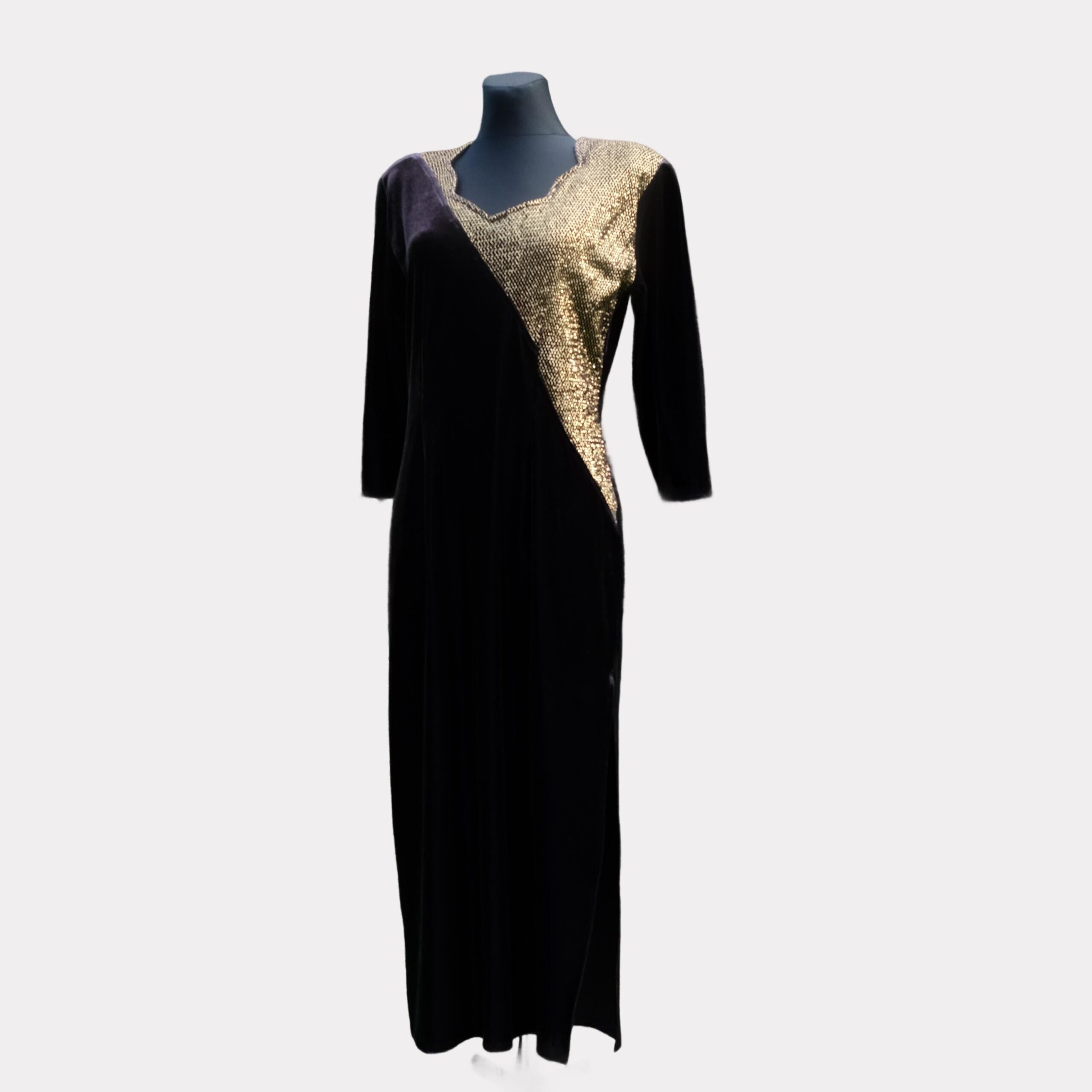 80s Vintage Velvet Prom Dress in Black And Gold, size L - Image 2