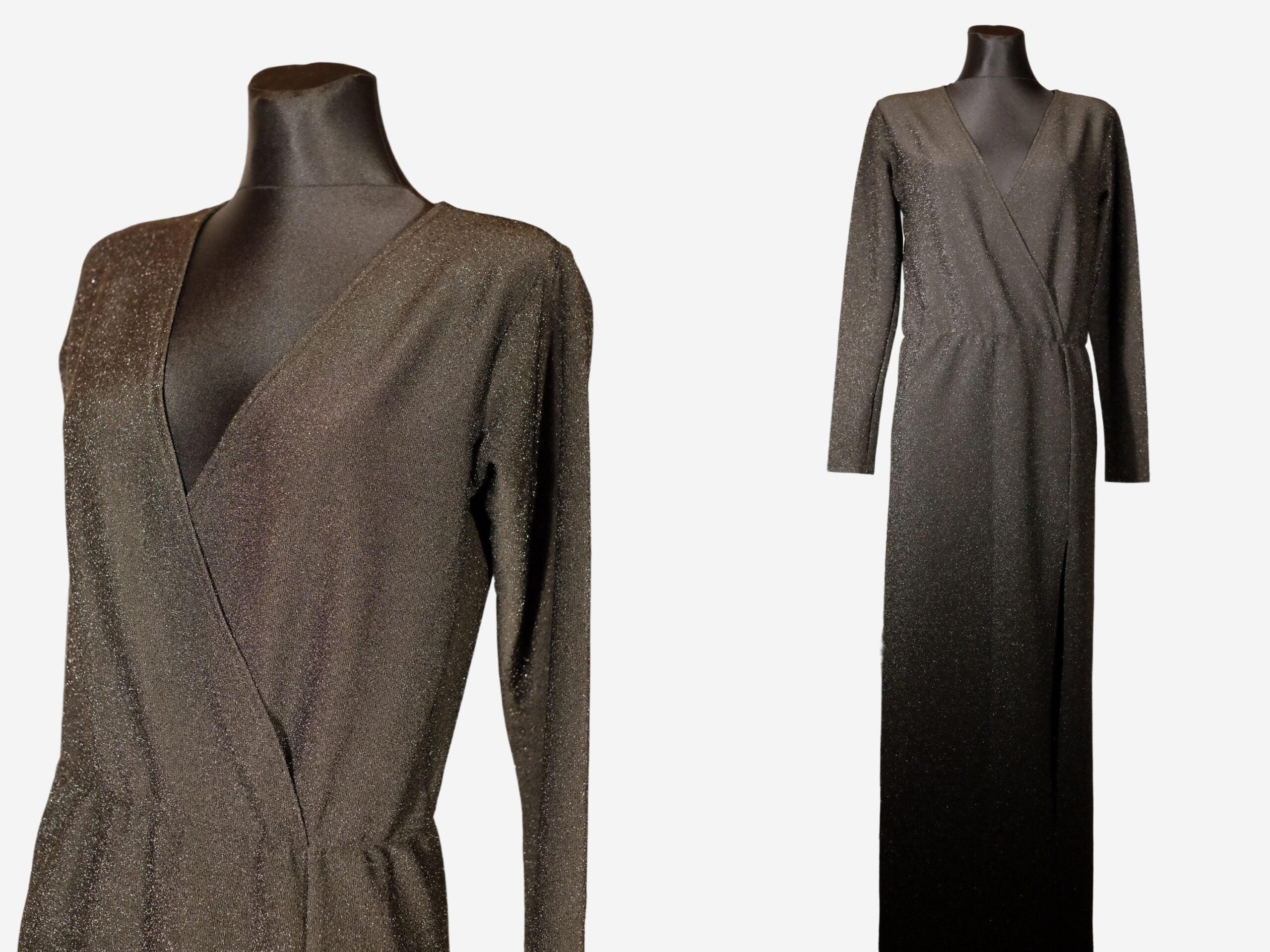 Vintage Black Metallic Dress, Deep V Maxi Long Sleeved Evening Gown - Image 4