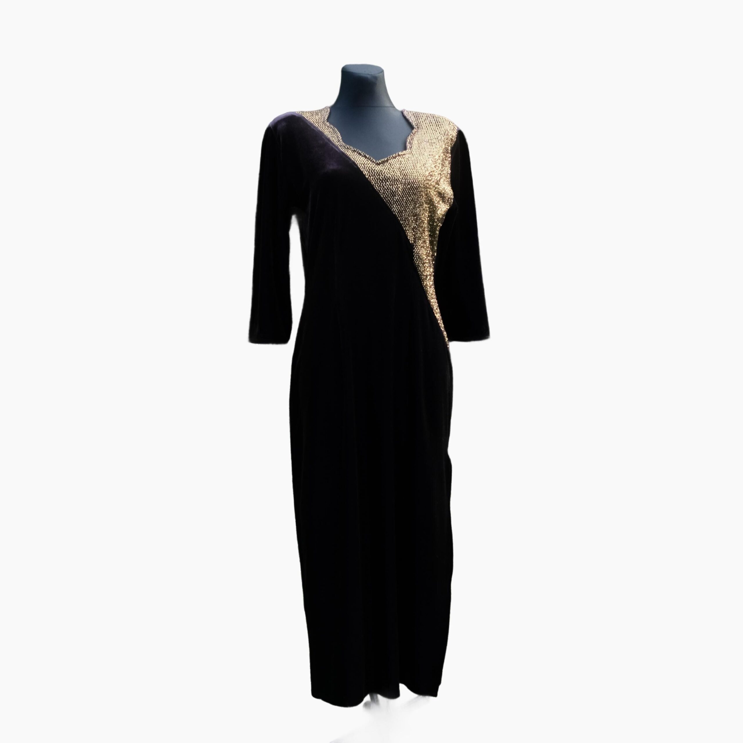 80s Vintage Velvet Prom Dress in Black And Gold, size L - Image 4