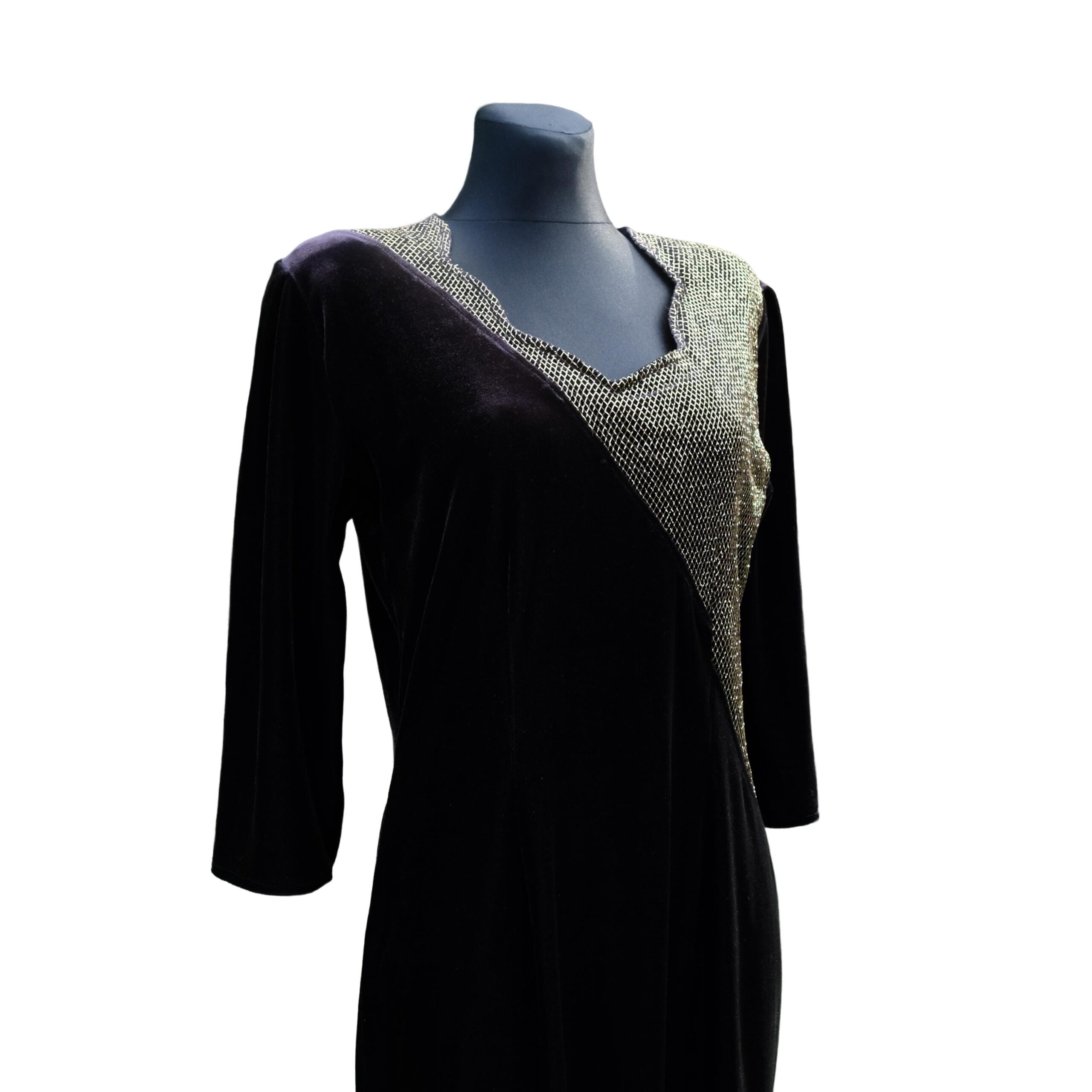 80s Vintage Velvet Prom Dress in Black And Gold, size L - Image 5