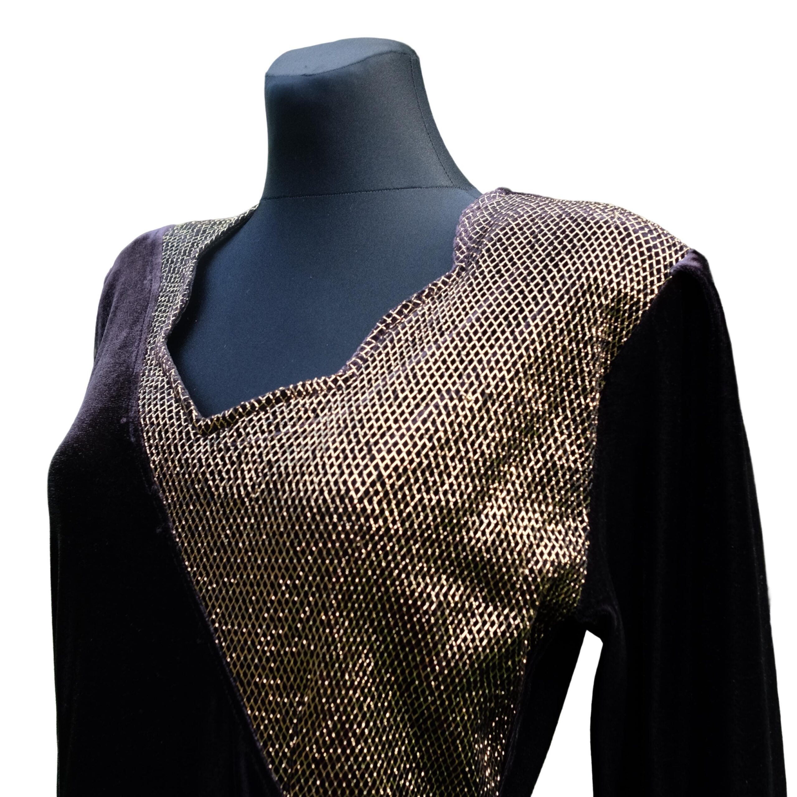 80s Vintage Velvet Prom Dress in Black And Gold, size L - Image 7